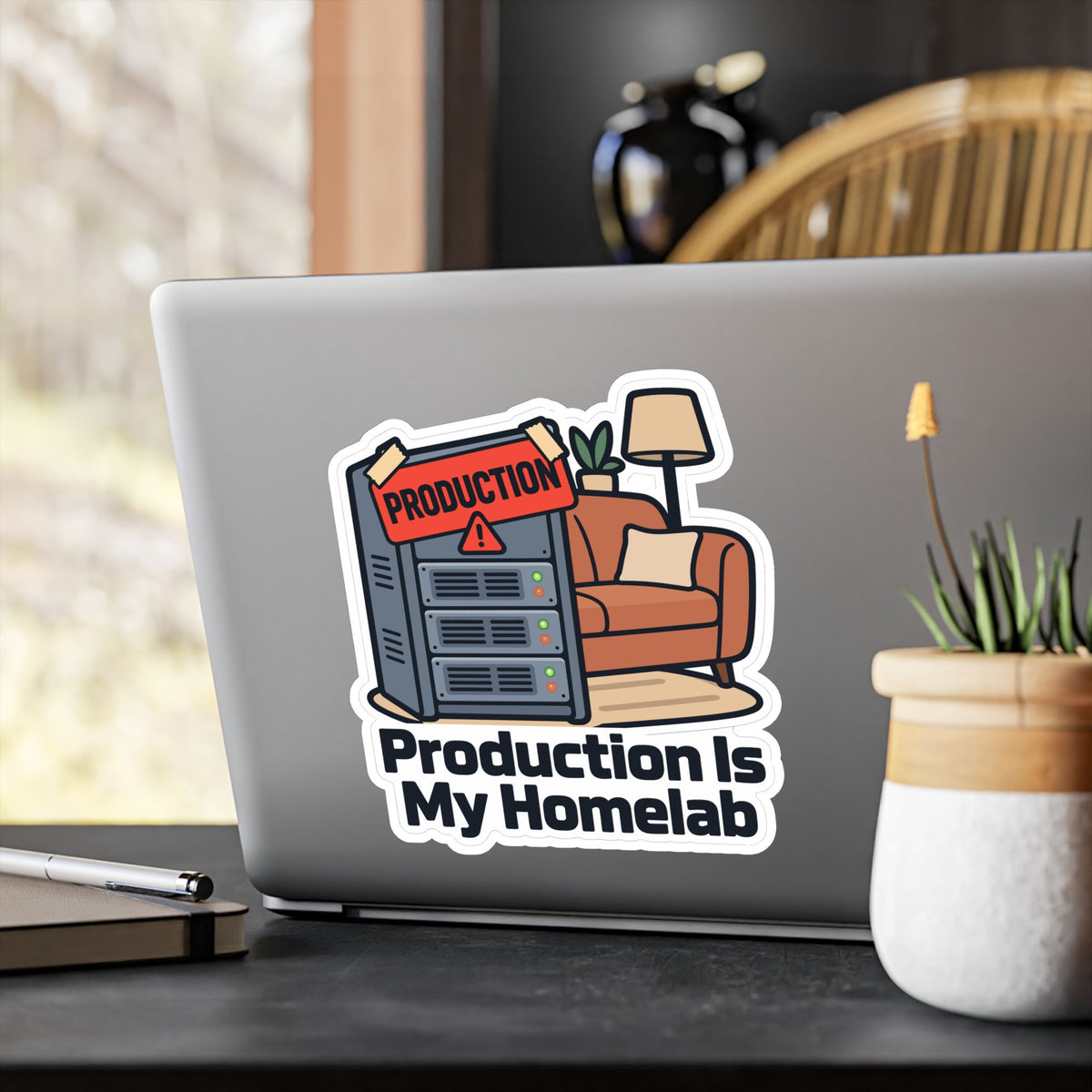Tech Sticker – Production Is My Homelab, Reboot Button Bandage Design Decals for Laptop and Water Bottle
