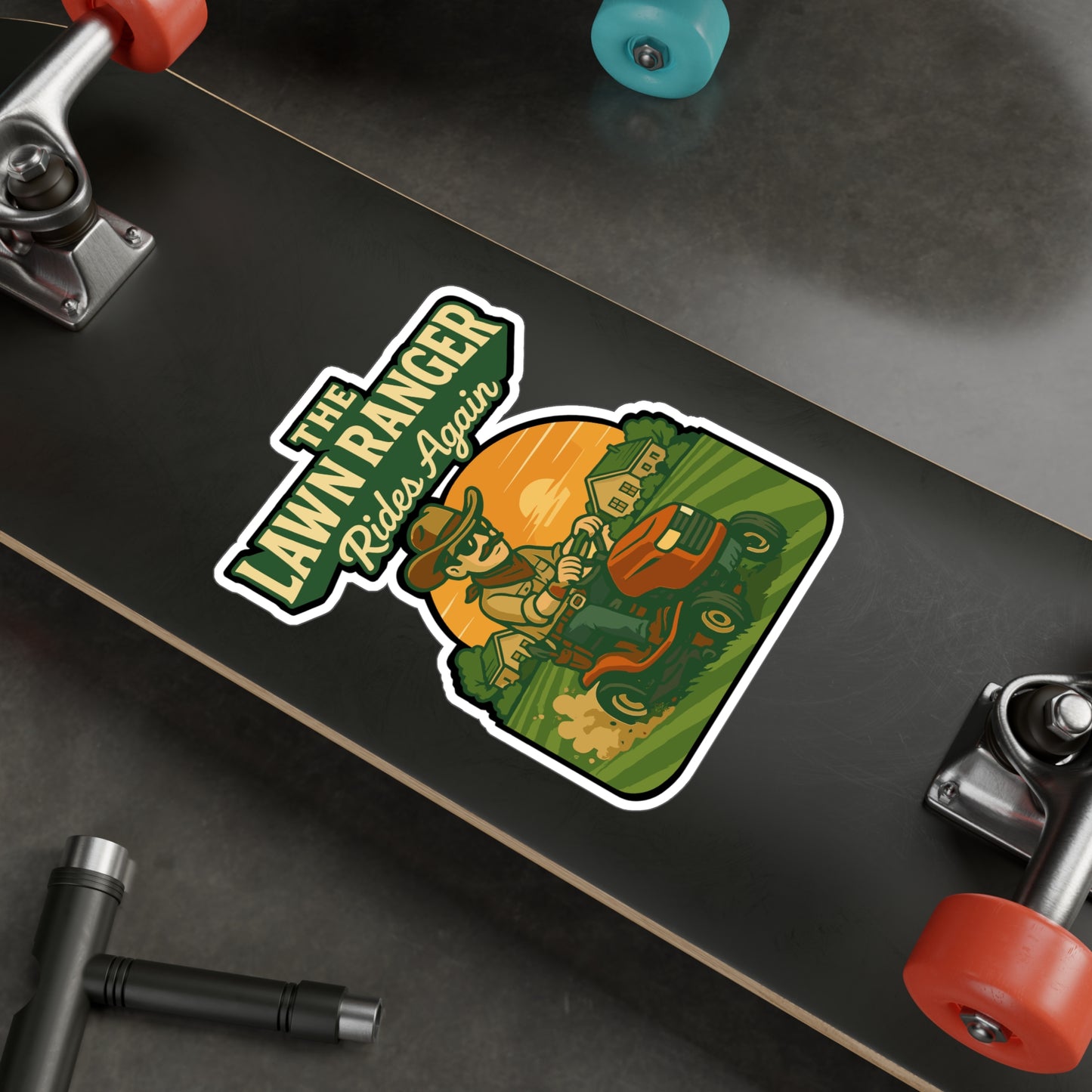 The Lawn Ranger Rides Again - Landscaper Sticker for Toolboxes, Laptops - Funny Gift for Gardeners, Yard Crew