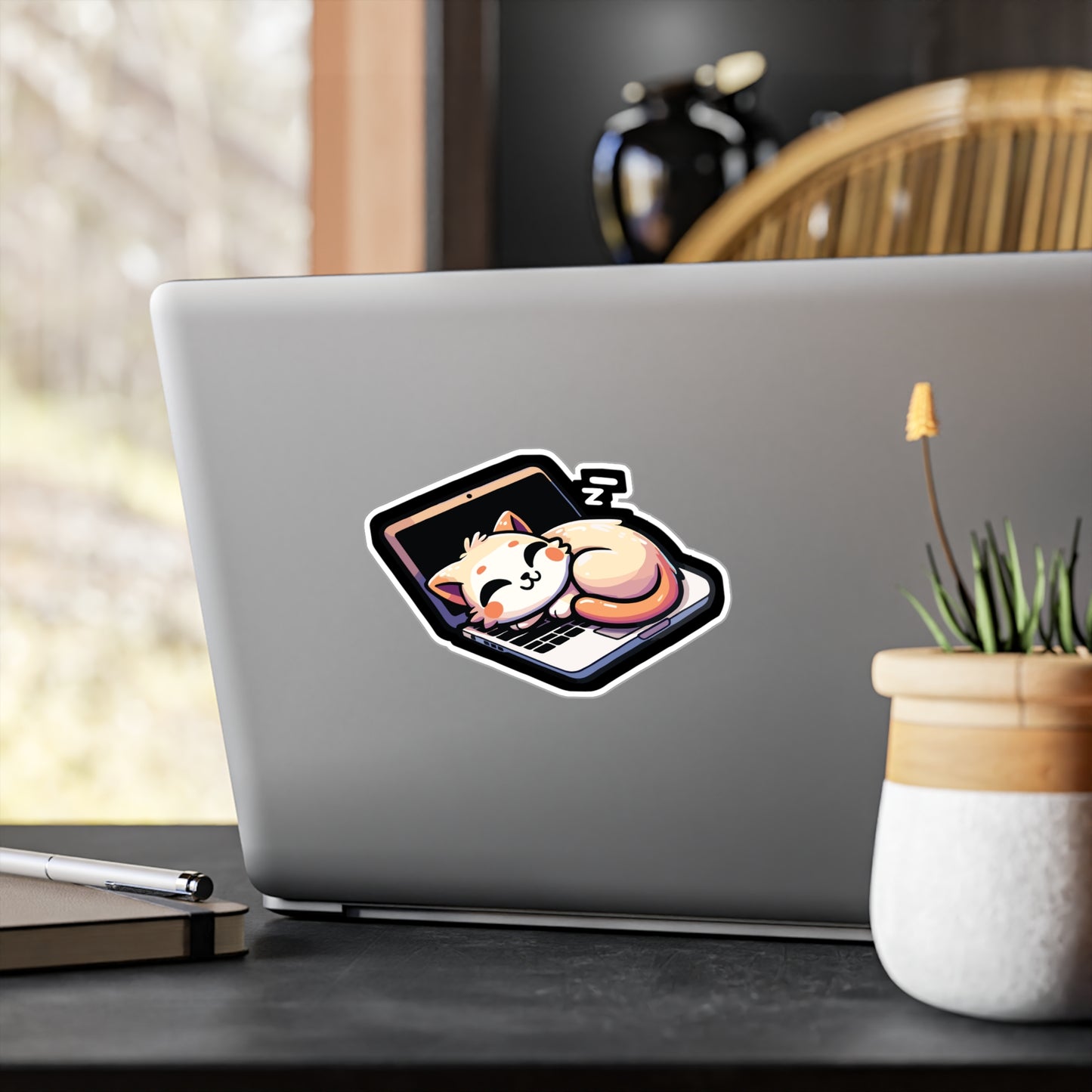 Cat sleeping at Laptop - Cat Sticker for Car Window Laptop Sticker. Water Bottle Sticker, Vinyl Kittens Decal, Cats Sticker - Cat Gift