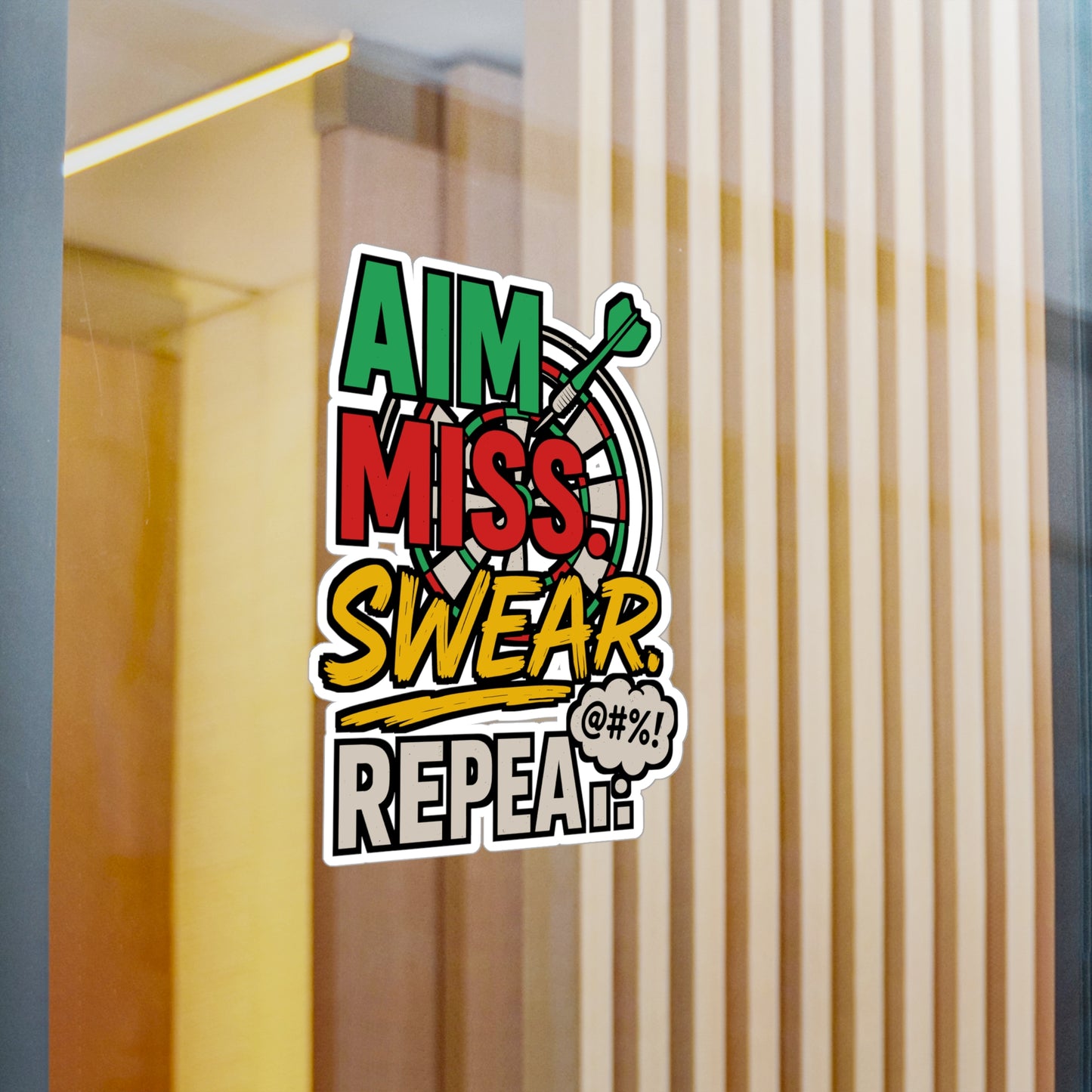 Aim Miss Swear Repeat – Funny Dart Sticker for Car, Laptop or Water Bottle | Vinyl Dartboard Decal, Gag Gift for Players