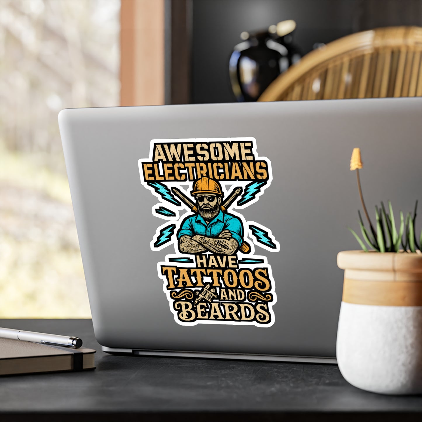 Awesome Electricians Have Tattoos and Beards – Vinyl Sticker for Laptop or Water Bottle | Funny Electrician Gift, Tool Box Decal