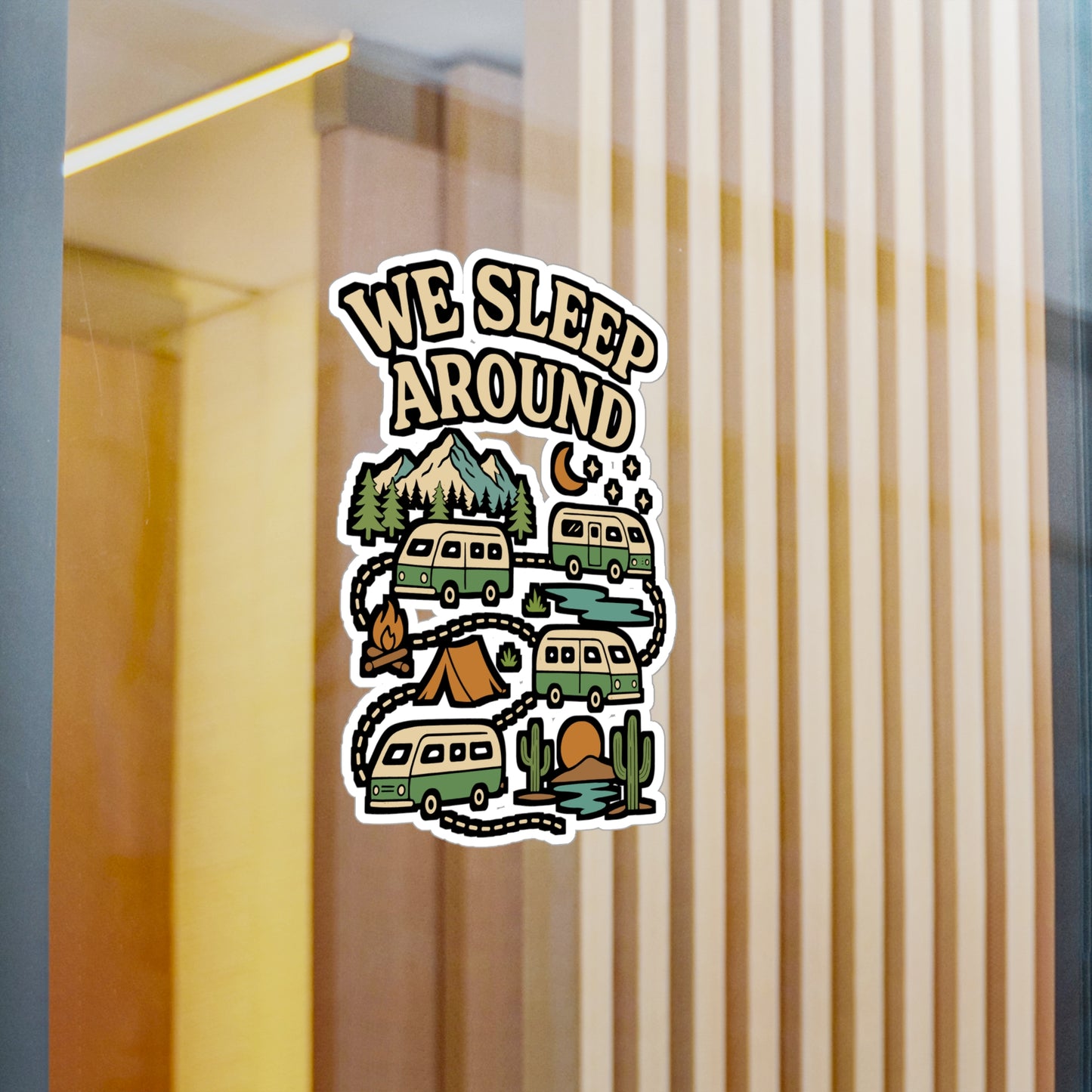 We Sleep Around – Camping Sticker for Car Window or Laptop | Vinyl Decal for Water Bottle, Outdoor Sleep Design, Adventure Gift