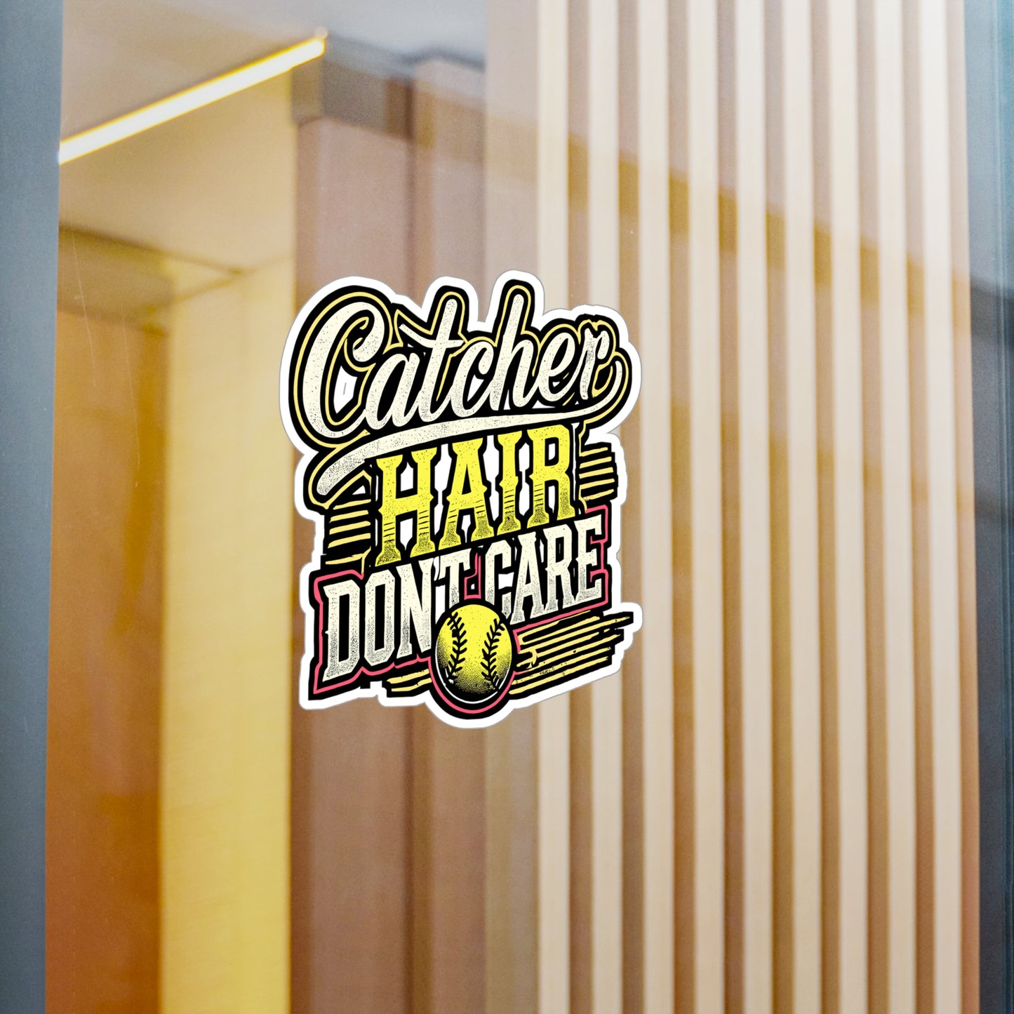 Catcher Hair Don't Care – Softball Vinyl Sticker for Laptop & Water Bottle | Softball Gift for Catchers