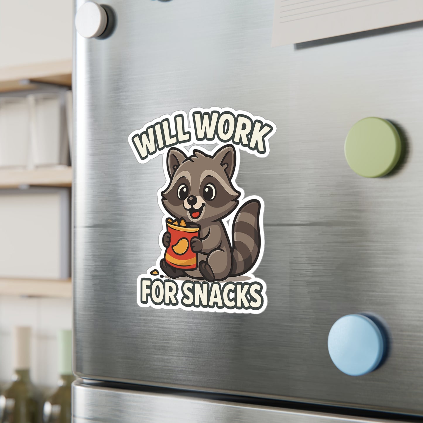 Raccoon Sticker – Cute Cartoon Animal Decals with “Will Work For Snacks” Design, Waterproof Vinyl for Laptop, Water Bottle