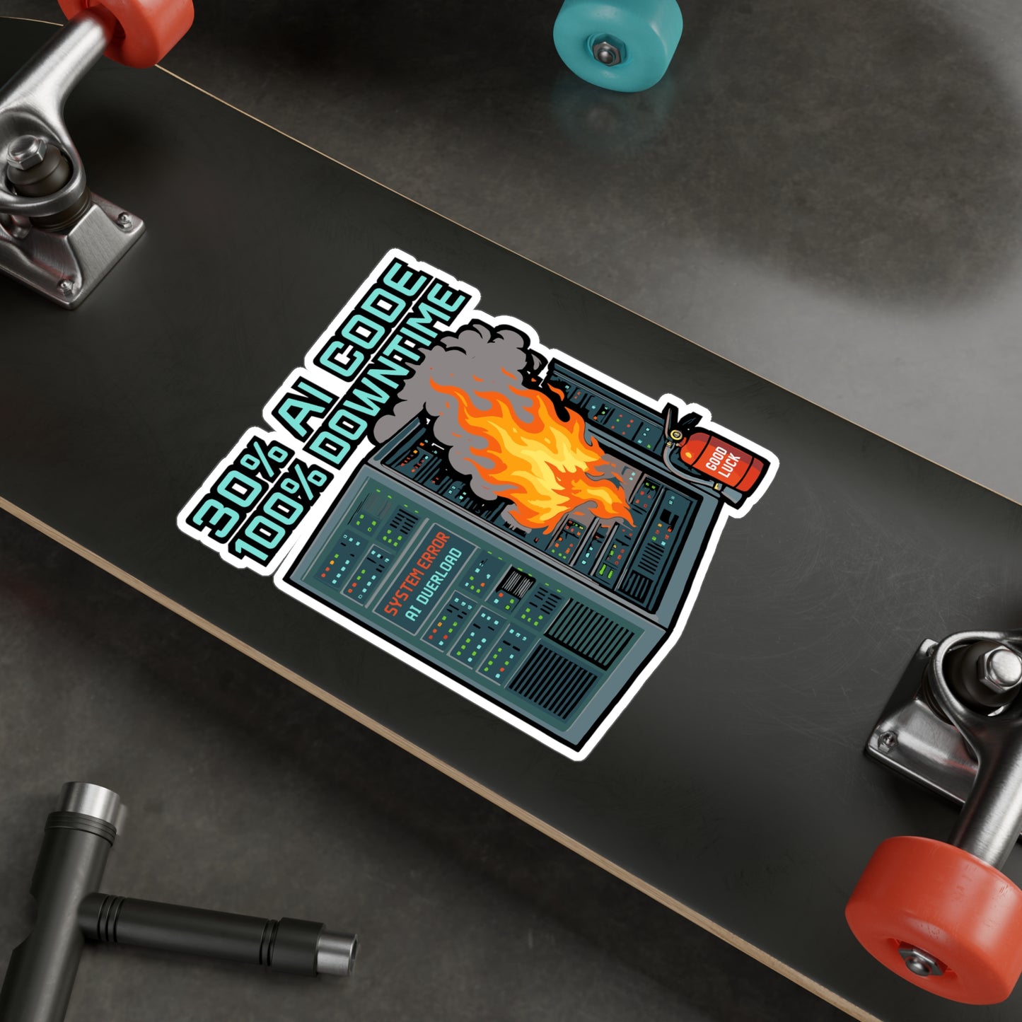 Server Sticker - “30 Ai Code 100 Downtime” Funny Burning Datacenter AI Decals, Waterproof Vinyl for Laptop, Water Bottle, Tech Accessories