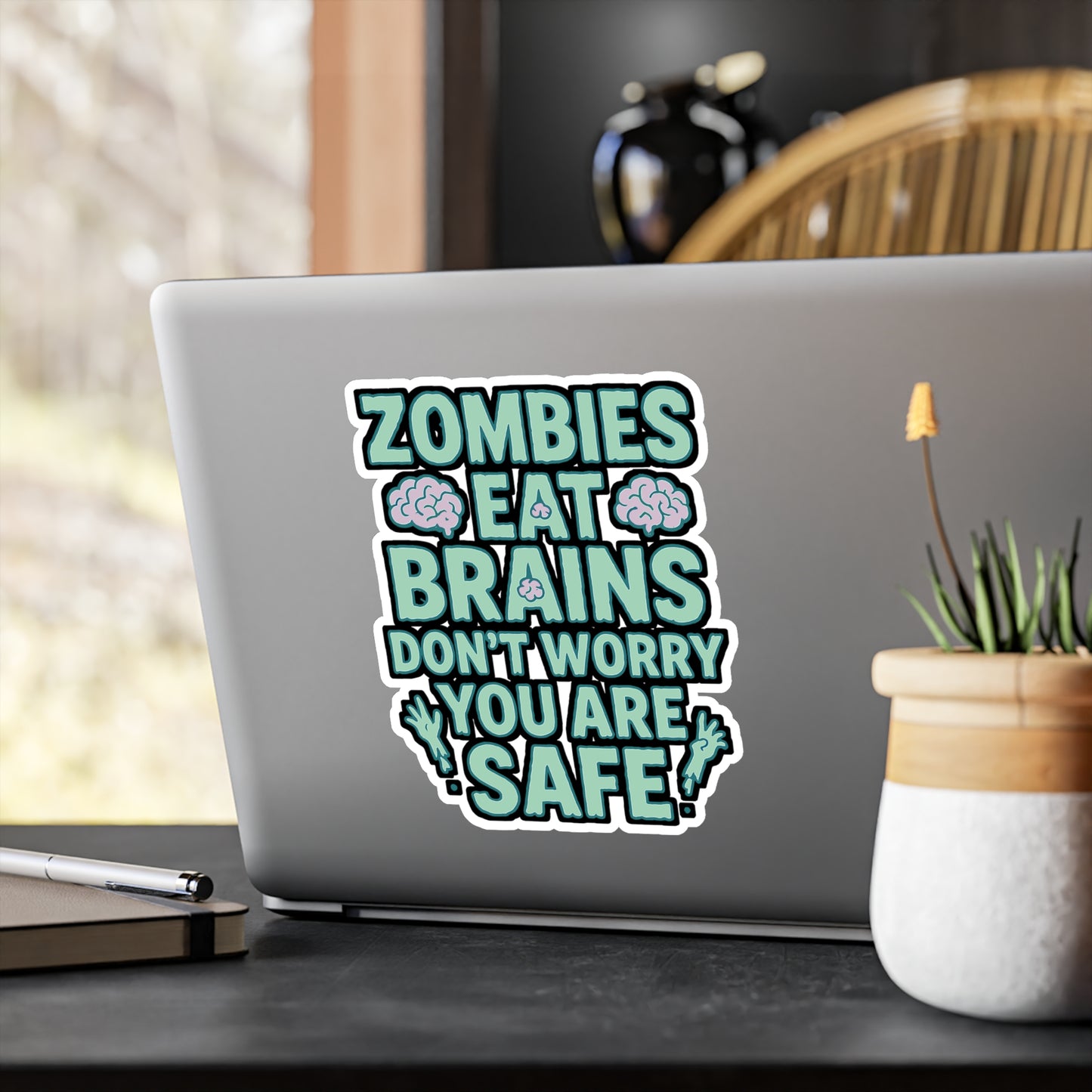 Zombie Sticker Decals – "Zombies Eat Brains Don't Worry You Are Safe" – Vinyl Waterproof Apocalypse Undead Brains for Laptop, Water Bottle