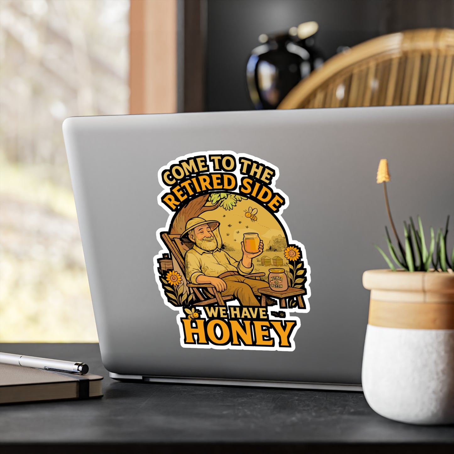 Come To The Retired Side We Have Honey – Beekeeping Sticker for Laptops, Water Bottles & Car Windows | Funny Retired Beekeeper Gift