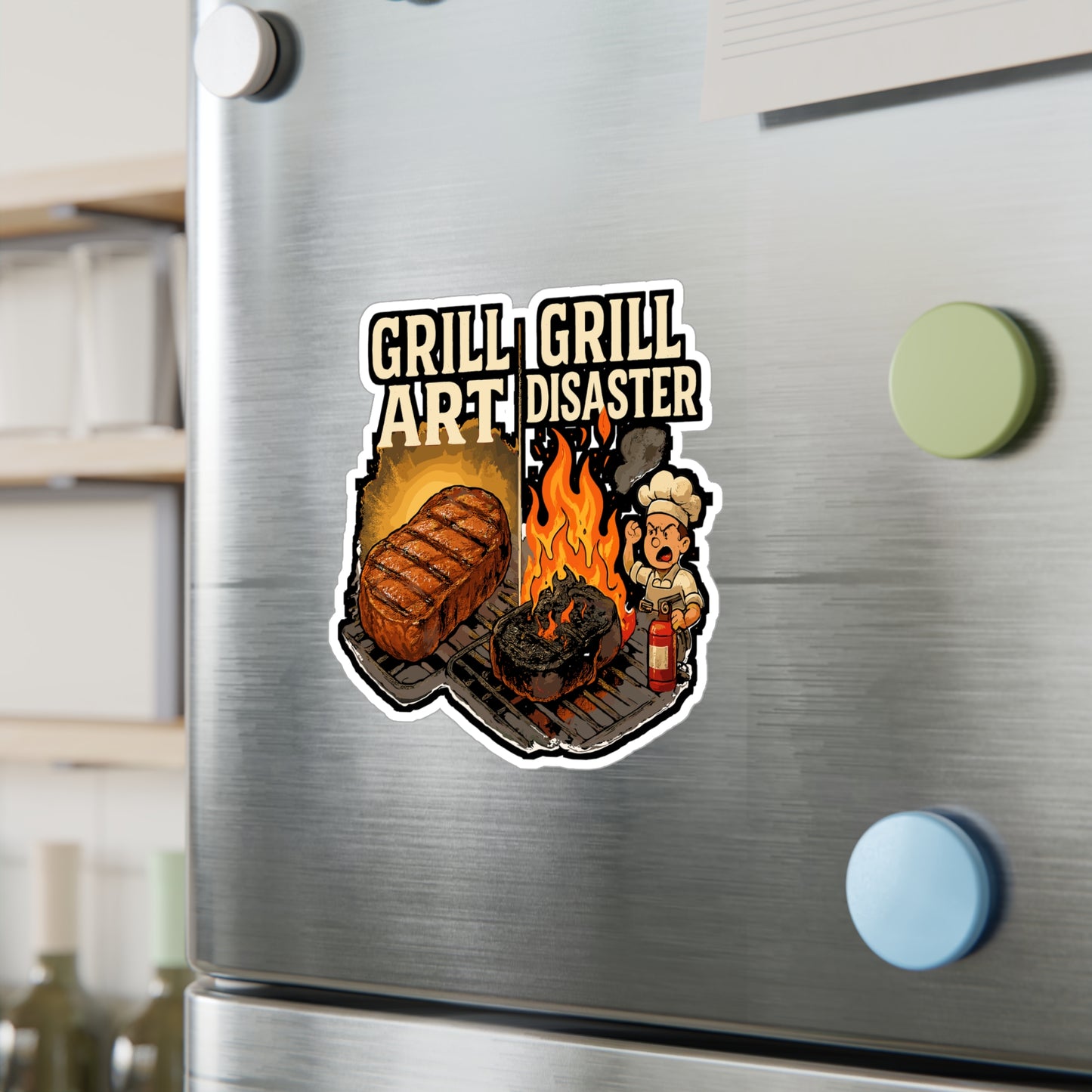 BBQ Sticker – Grill Art Vs Grill Disaster Decals, Waterproof Vinyl for Laptop or Water Bottle, Grilling Flames, Steak Lover Accessory