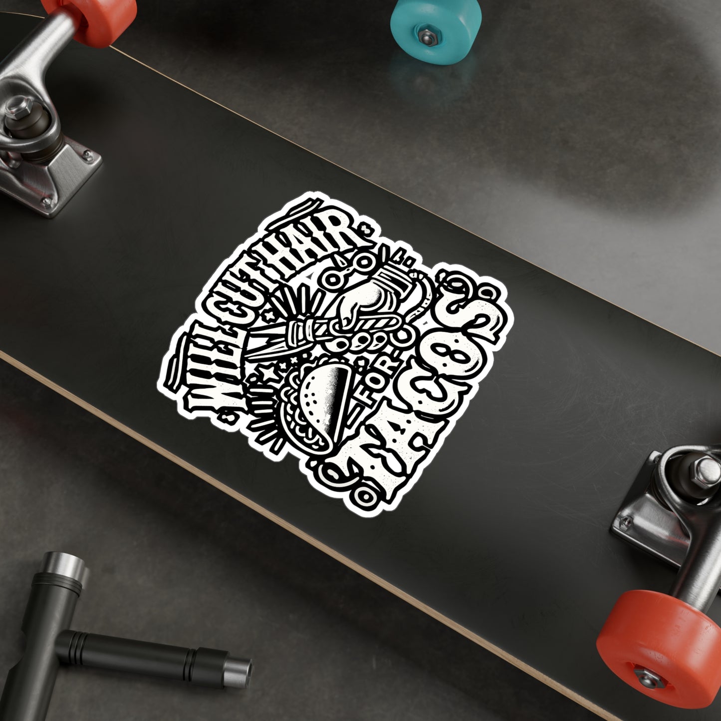 Will Cut Hair For Tacos – Funny Barber Sticker for Laptop or Water Bottle | Vinyl Taco Decal Gift