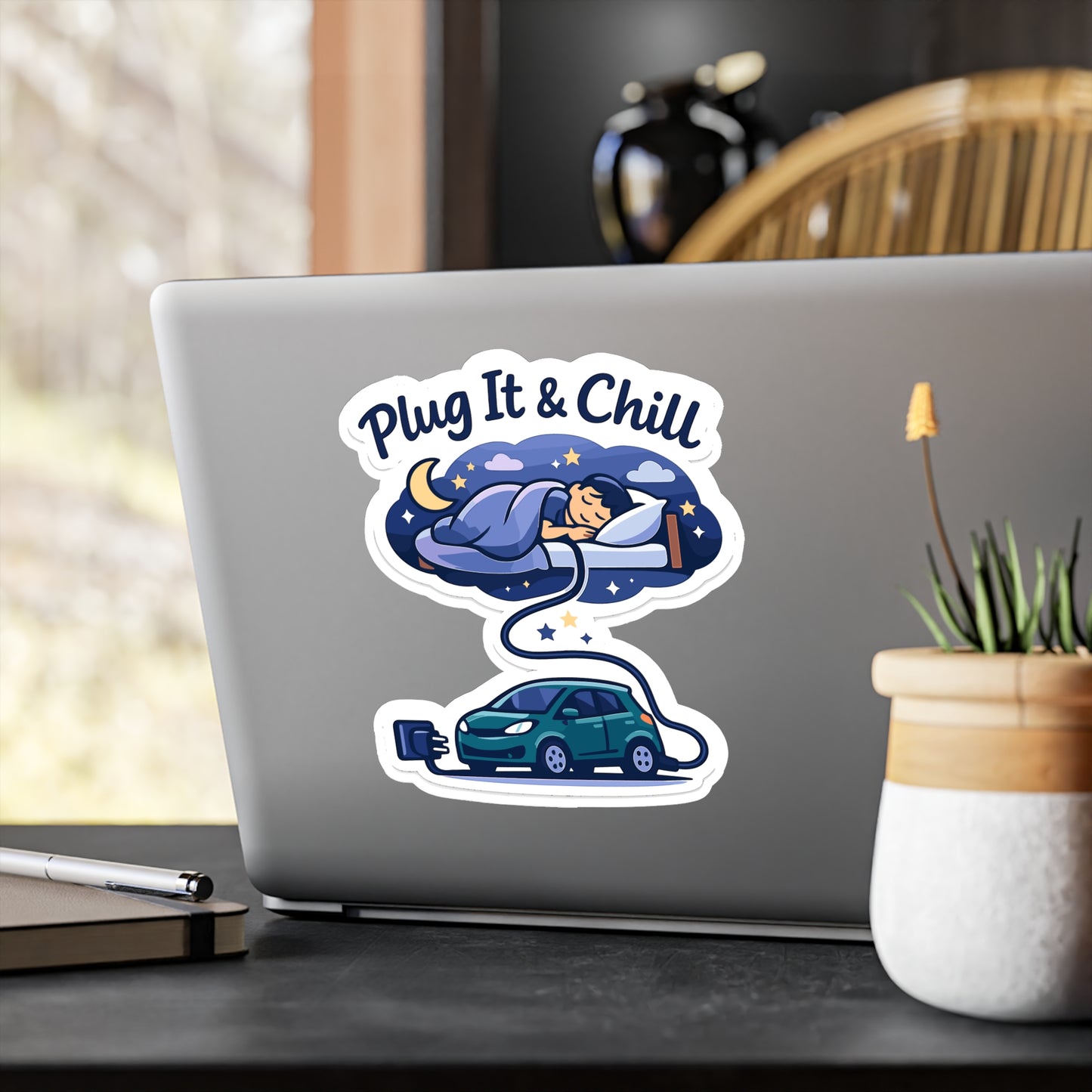 Electric Car Sticker Plug It & Chill – Waterproof Vinyl Decals for Electric Vehicle, Rechargeable Battery, Laptop or Water Bottle