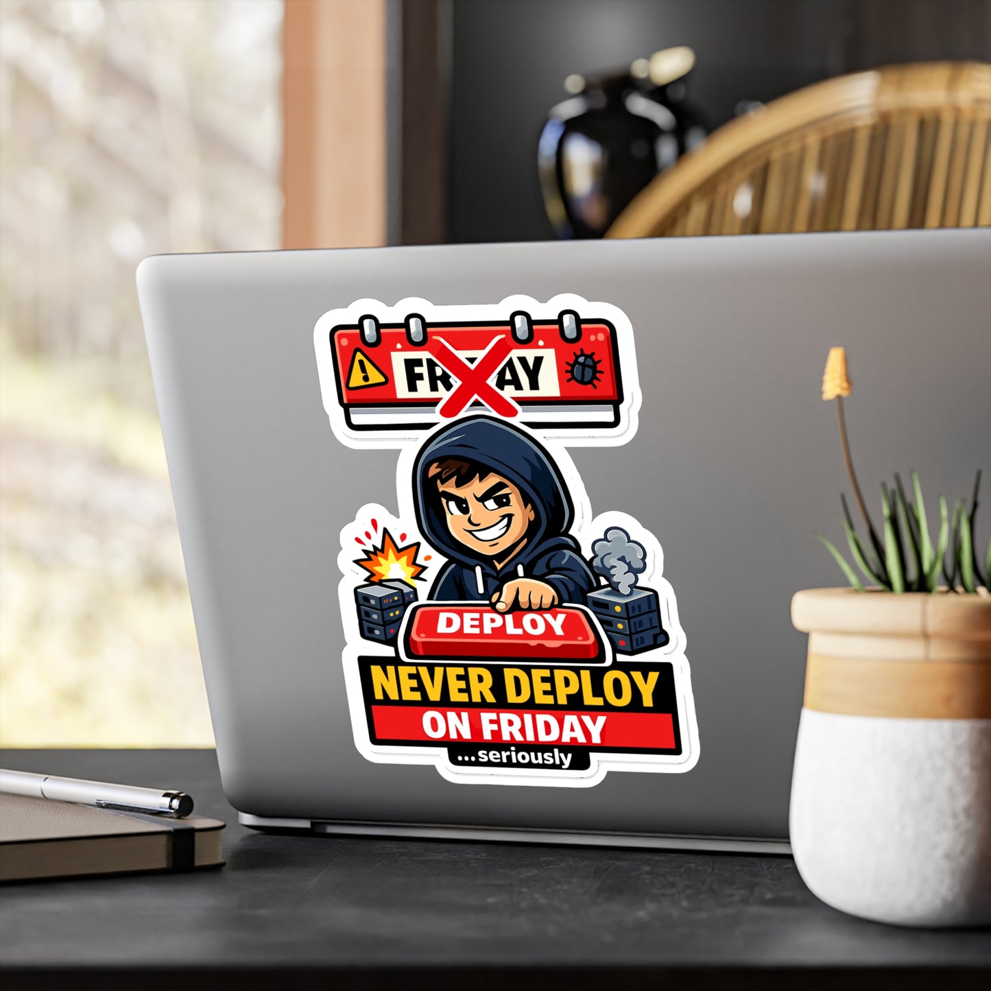 Coding Sticker Never deploy on Friday Programmer Design, Funny Source Code Semicolon Vinyl Sticker Decals for Laptop Water Bottle Waterproof