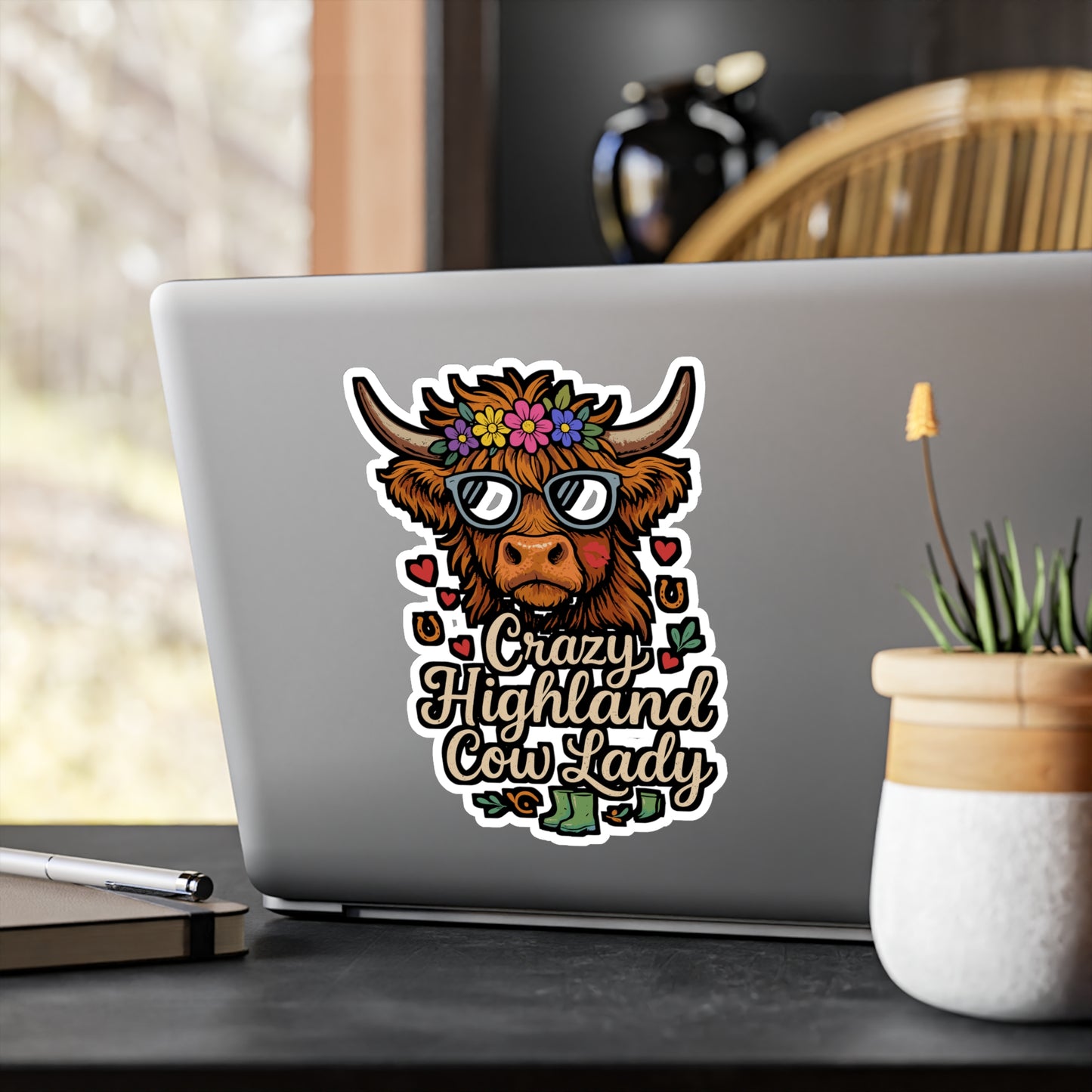 Crazy Highland Cow Lady – Highland Cow Sticker for Laptop, Water Bottle & Farm Animal Lover Gifts