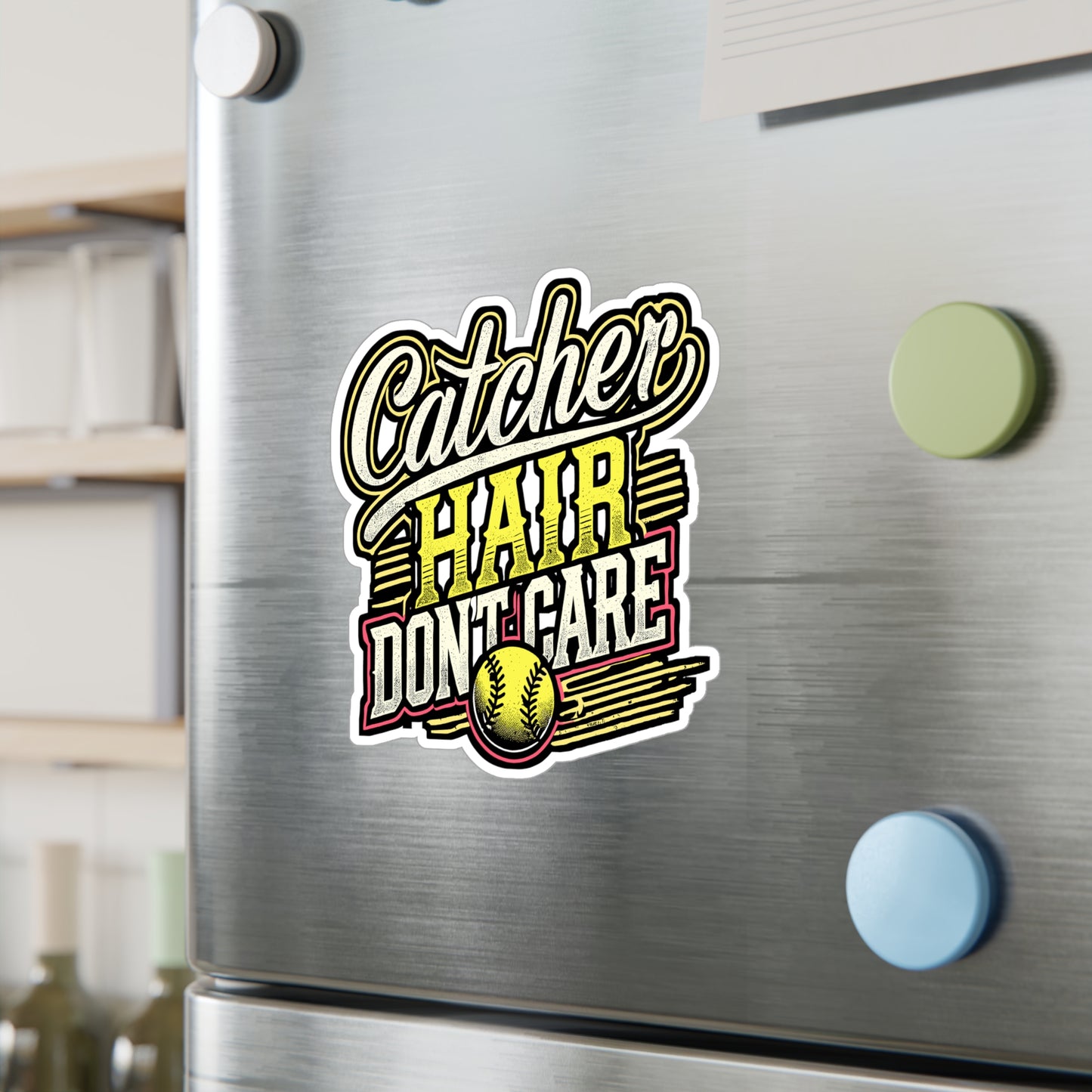 Catcher Hair Don't Care – Softball Vinyl Sticker for Laptop & Water Bottle | Softball Gift for Catchers