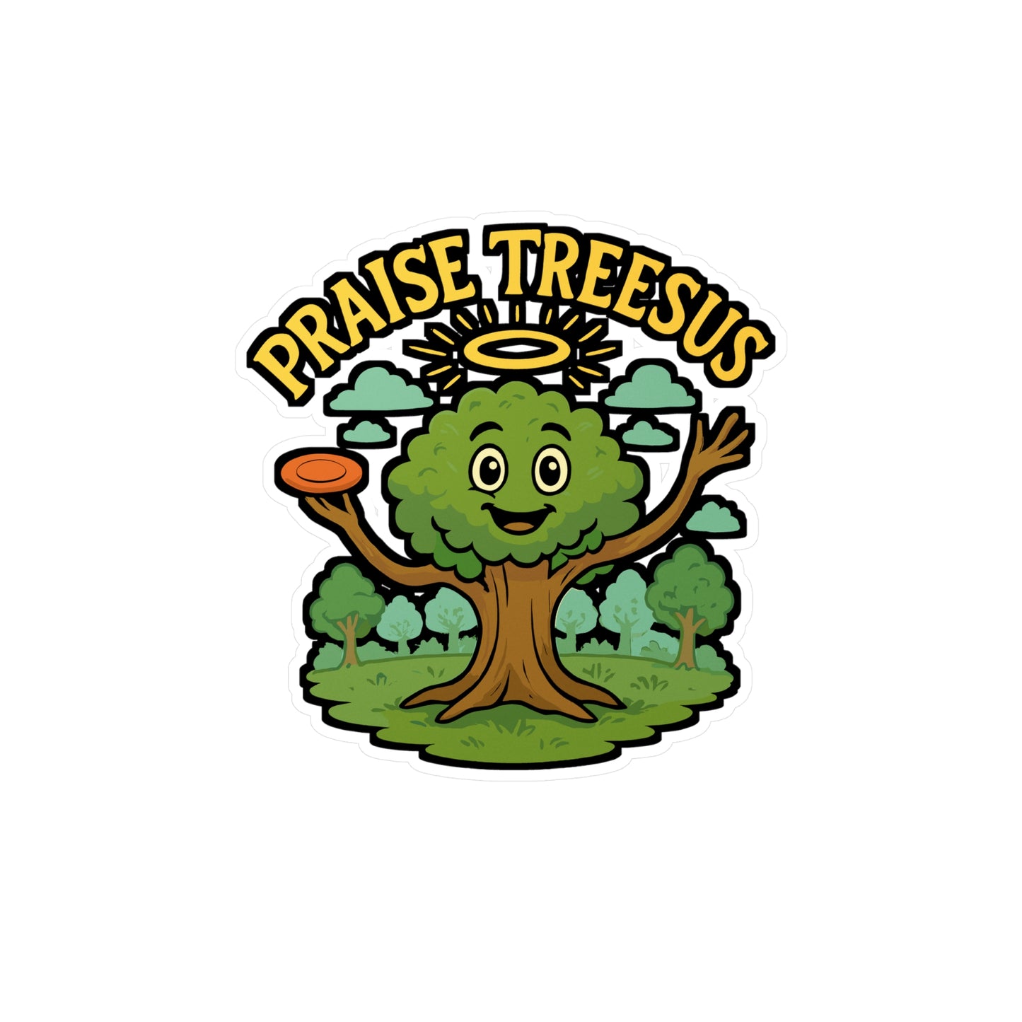 Disc Golf Sticker, Praise Treesus Design – Funny Frisbee Player Decals for Laptop, Water Bottle, Outdoors, Waterproof Vinyl