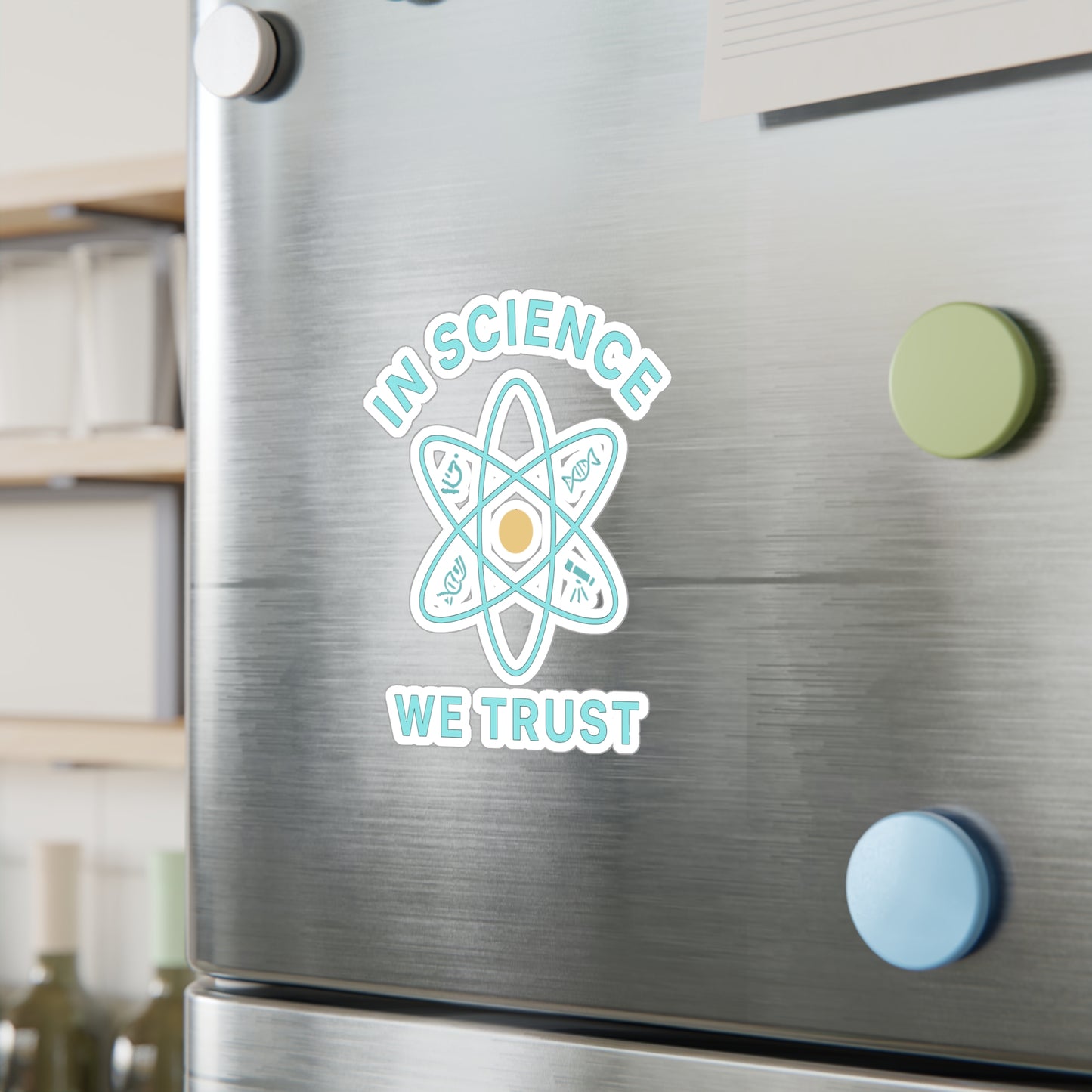 Atheist Sticker – “In Science We Trust” Vinyl Decal for Laptop, Water Bottle, Heathen Paganism Theist Gift, Waterproof Science Stickers