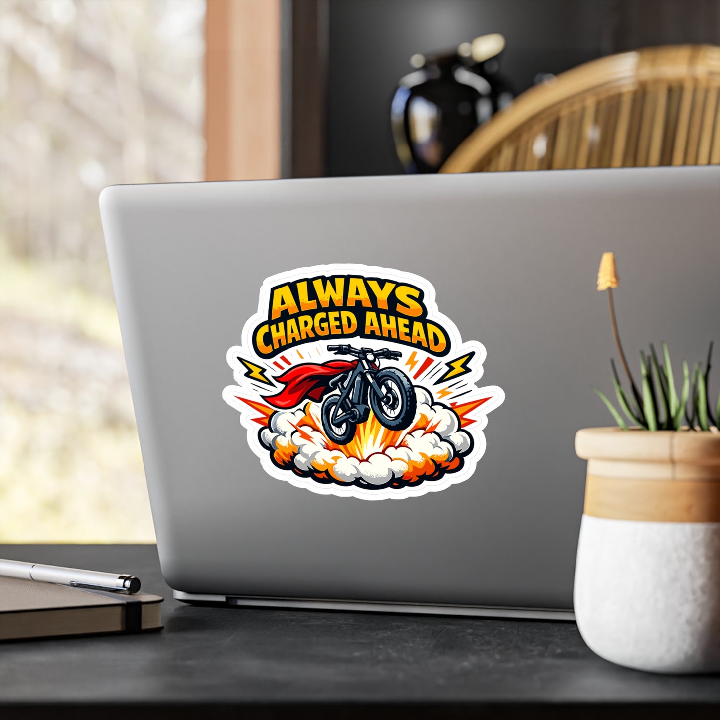 E-Bike Sticker "Always Charged Ahead" – Electric Bike eCycling Decals, Waterproof Vinyl for Laptop, Water Bottle