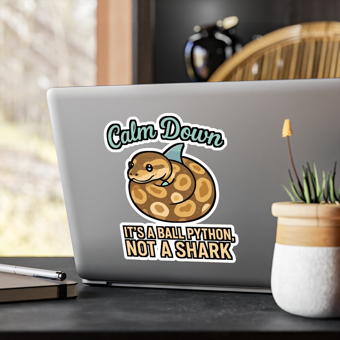 Calm Down It’s a Ball Python, Not a Shark – Funny Snake Sticker for Laptop, Water Bottle or Car | Reptile Lover Gift