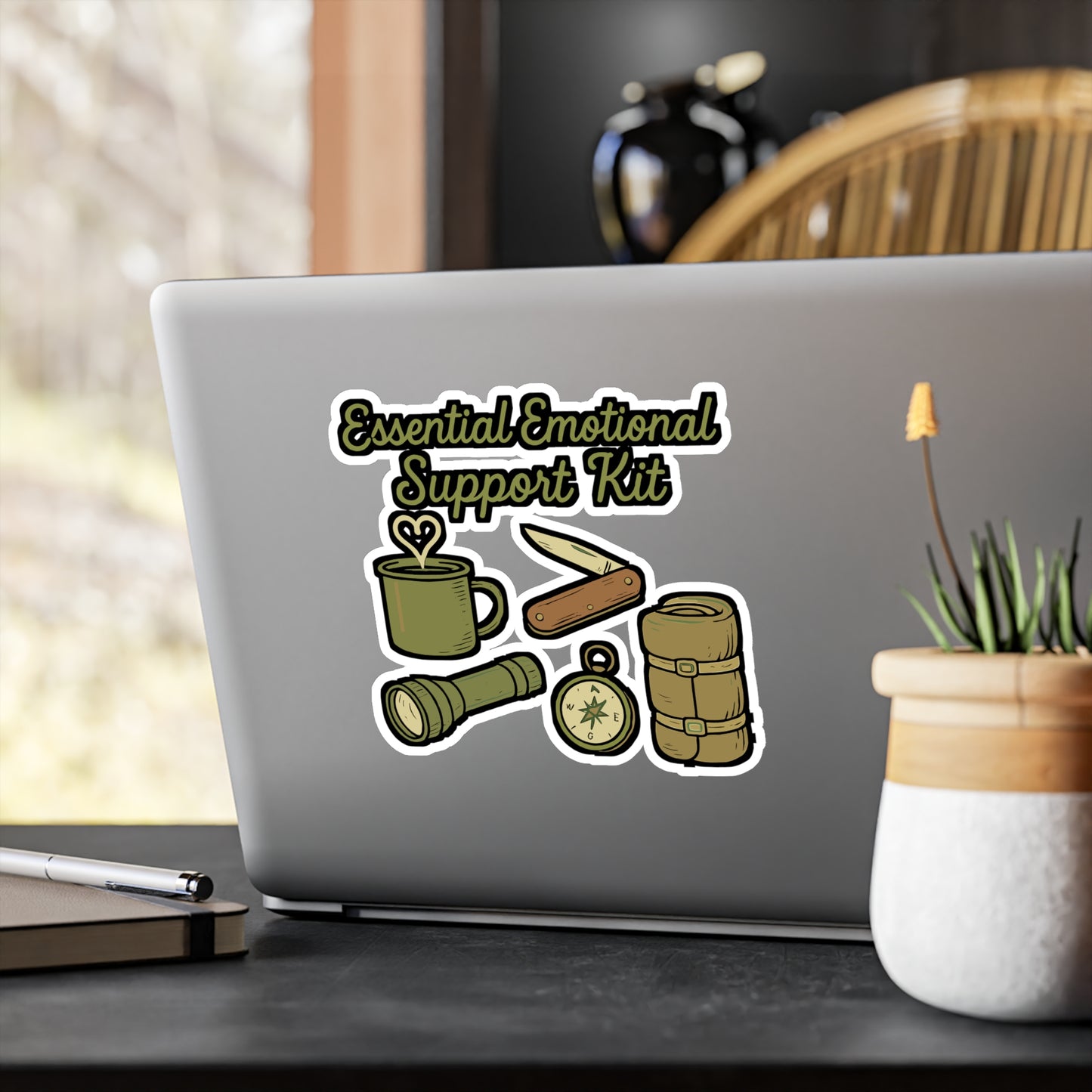 Camping Sticker – Essential Emotional Support Kit Decals for Outdoors, Wilderness & Survival – Waterproof Vinyl for Laptop, Water Bottle