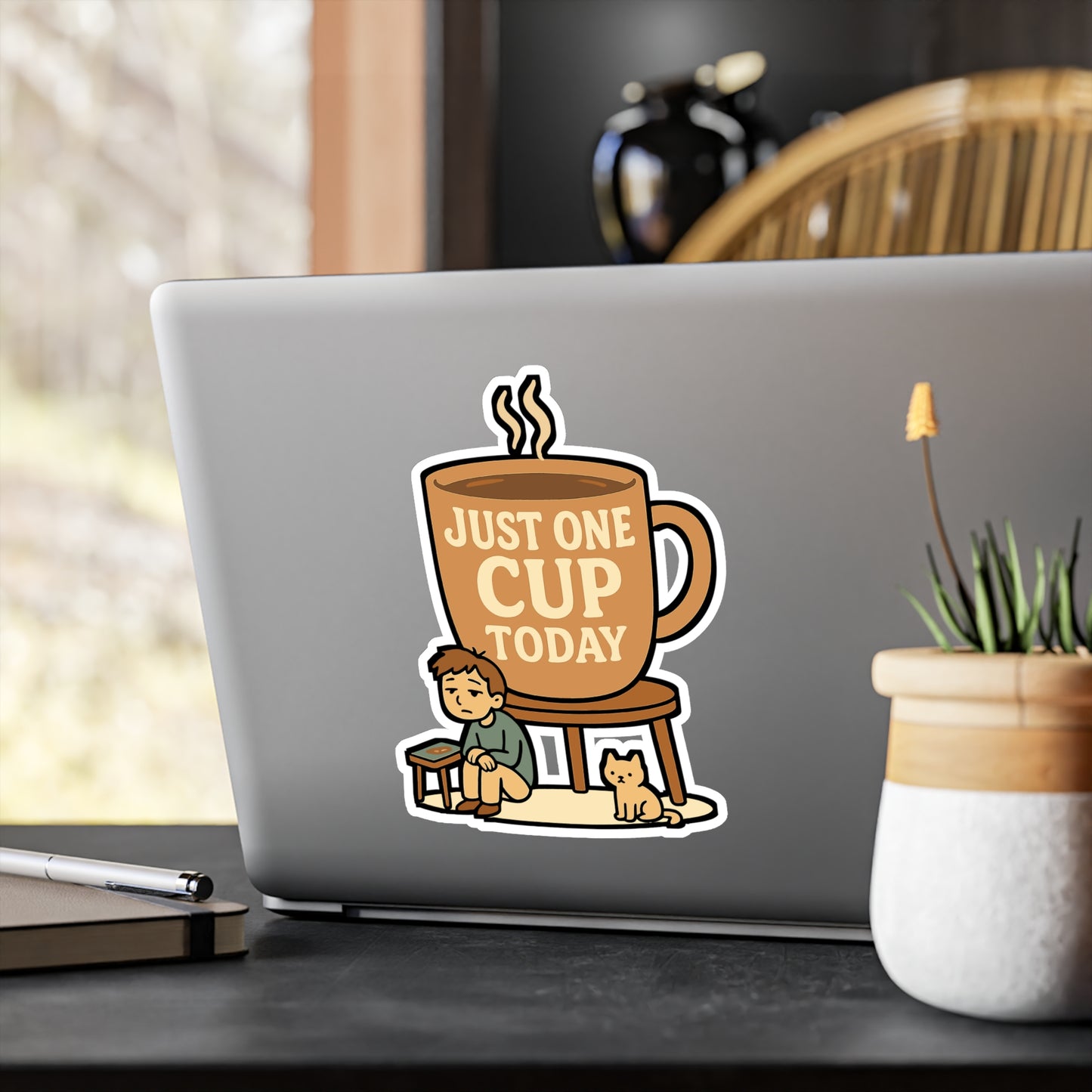 Coffee Sticker – "Just One Cup Today" Oversized Caffeine Decals for Laptop, Water Bottle, Vinyl Waterproof Morning Decor