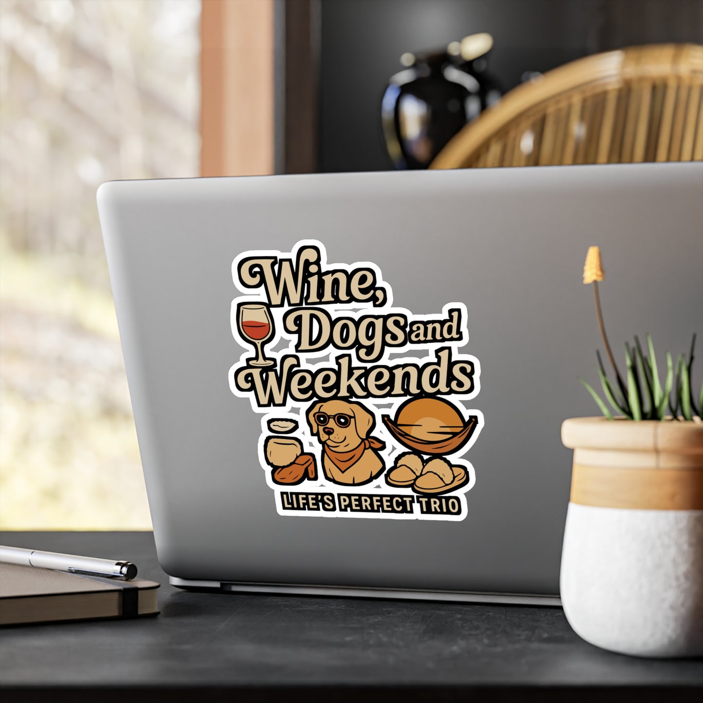Wine Dogs And Weekends - Wine Sticker for Laptop, Water Bottle - Gift for Dog Lovers, Wine Enthusiasts, Weekend Vibes