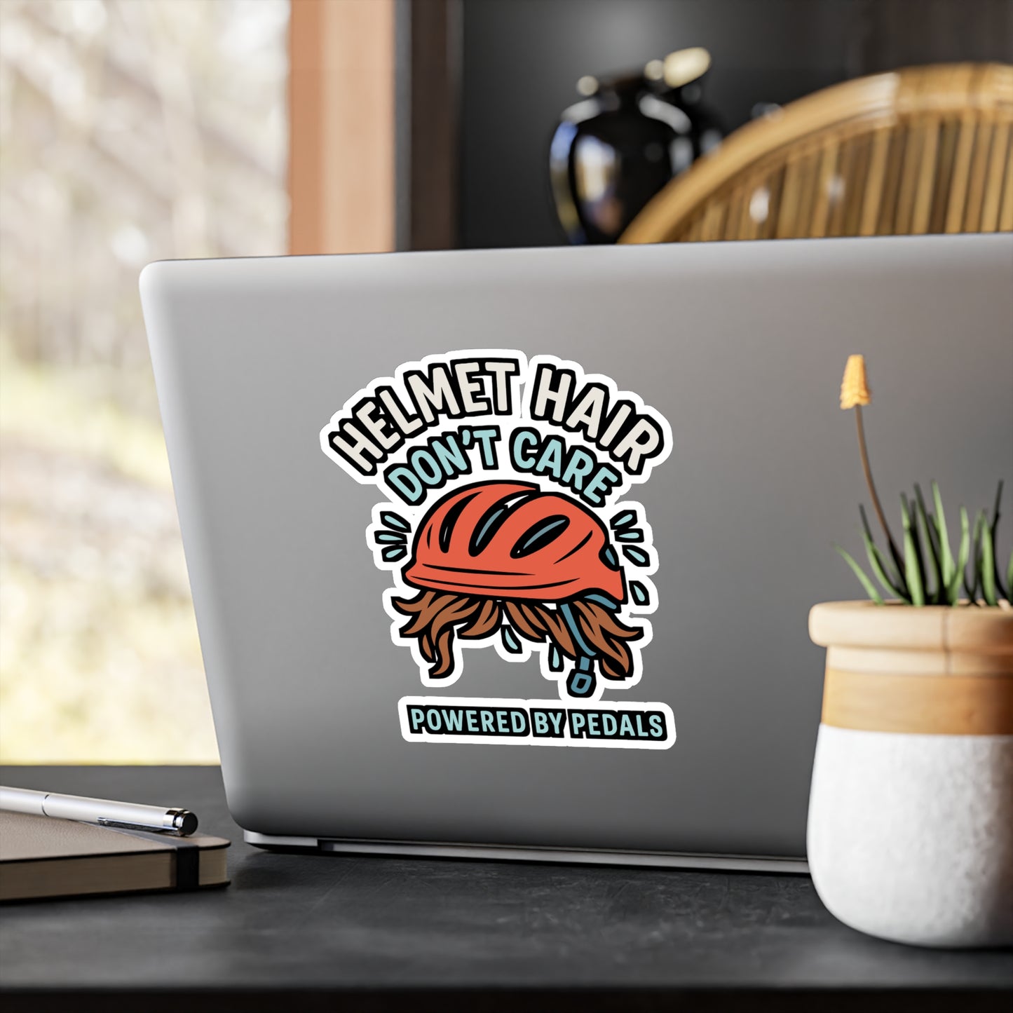 Cycling Sticker – "Helmet Hair Don't Care" Decals for Helmet, Laptop, Water Bottle, Waterproof Vinyl, Perfect for Cyclist and Bicycling Fans