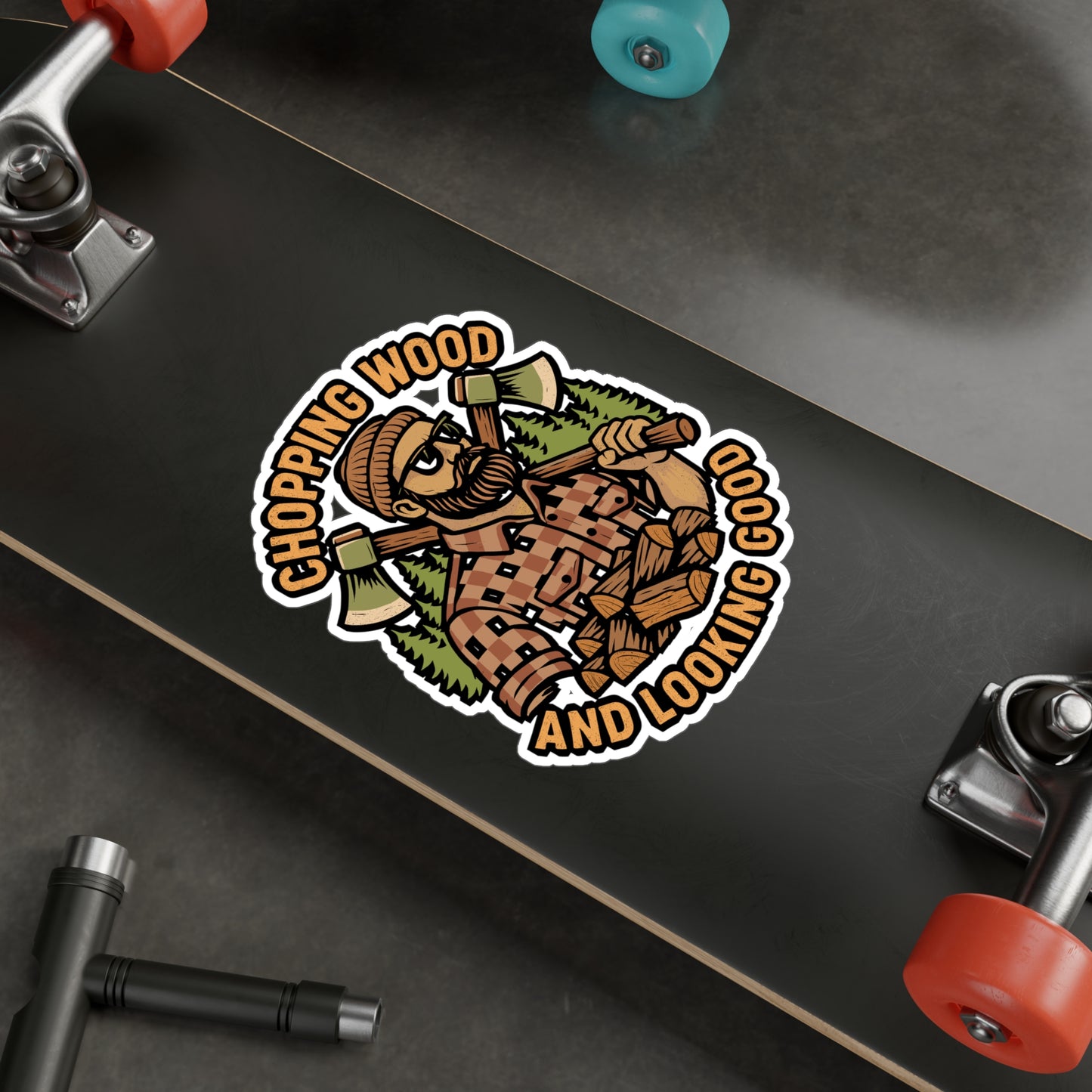 Chopping Wood and Looking Good – Vinyl Sticker for Laptop or Water Bottle | Funny Lumberjack, Tree Climber, Arborist Gift