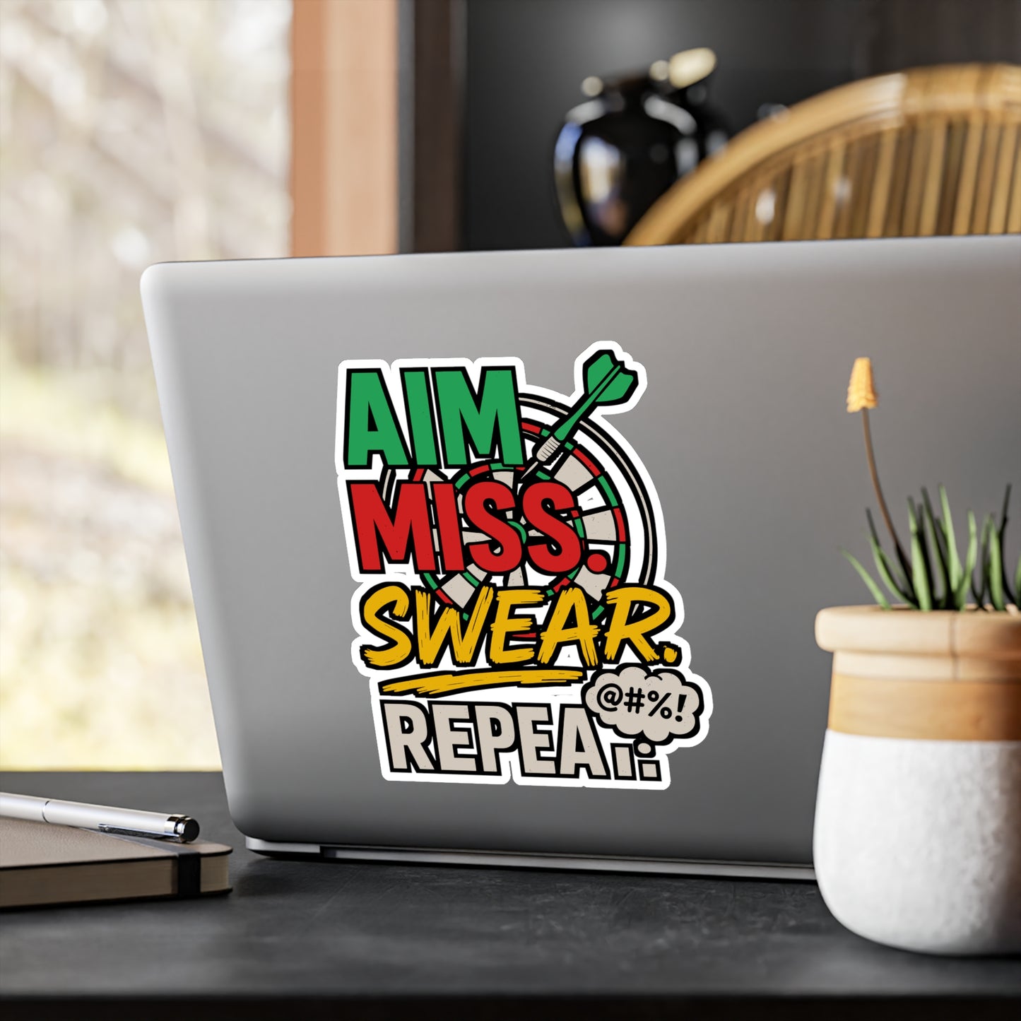 Aim Miss Swear Repeat – Funny Dart Sticker for Car, Laptop or Water Bottle | Vinyl Dartboard Decal, Gag Gift for Players