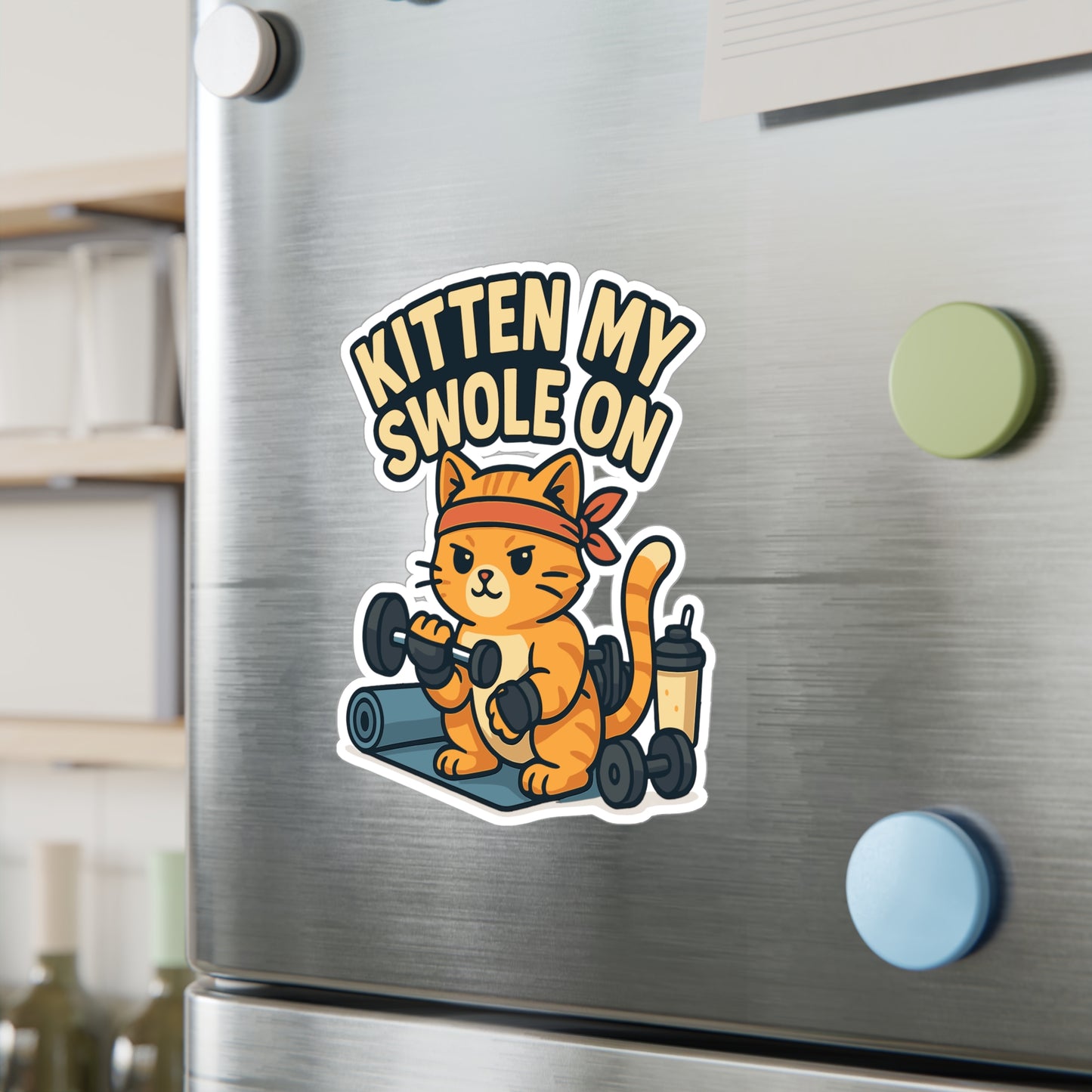 Workout Sticker – "Kitten My Swole On" Cute Kitten Weightlifting Vinyl Decals, Waterproof for Laptop or Water Bottle
