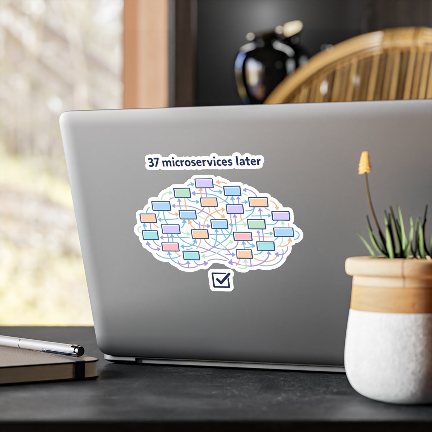 Coding Sticker “37 microservices later” Funny Programmer Decals, Source-Code Geek Semicolon Design, Waterproof Vinyl for Laptop, Water Bottle