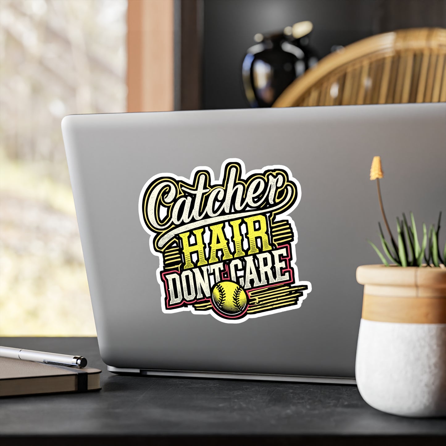 Catcher Hair Don't Care – Softball Vinyl Sticker for Laptop & Water Bottle | Softball Gift for Catchers