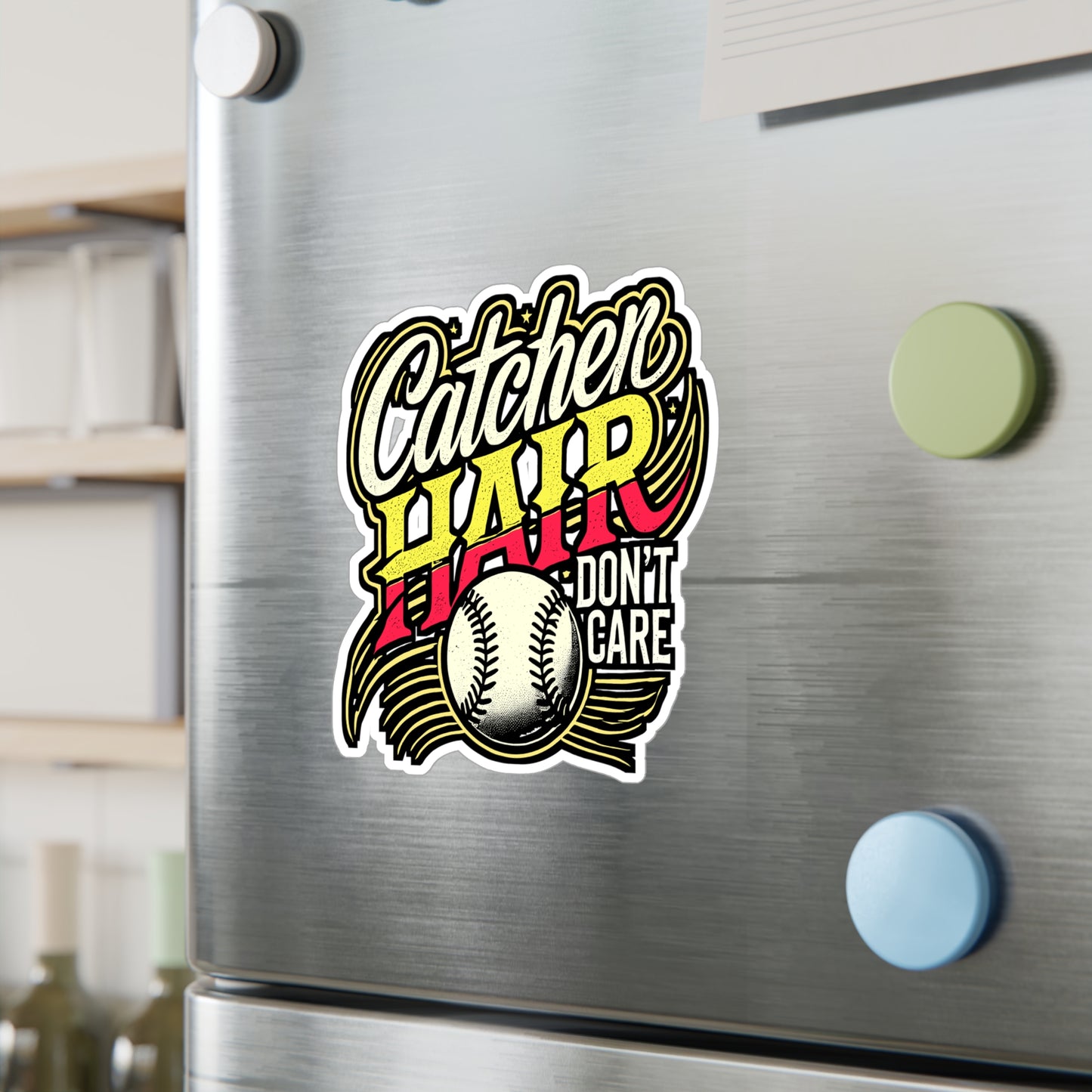 Catcher Hair Don't Care – Softball Vinyl Sticker for Laptop & Water Bottle | Fun Softball Gift for Catchers