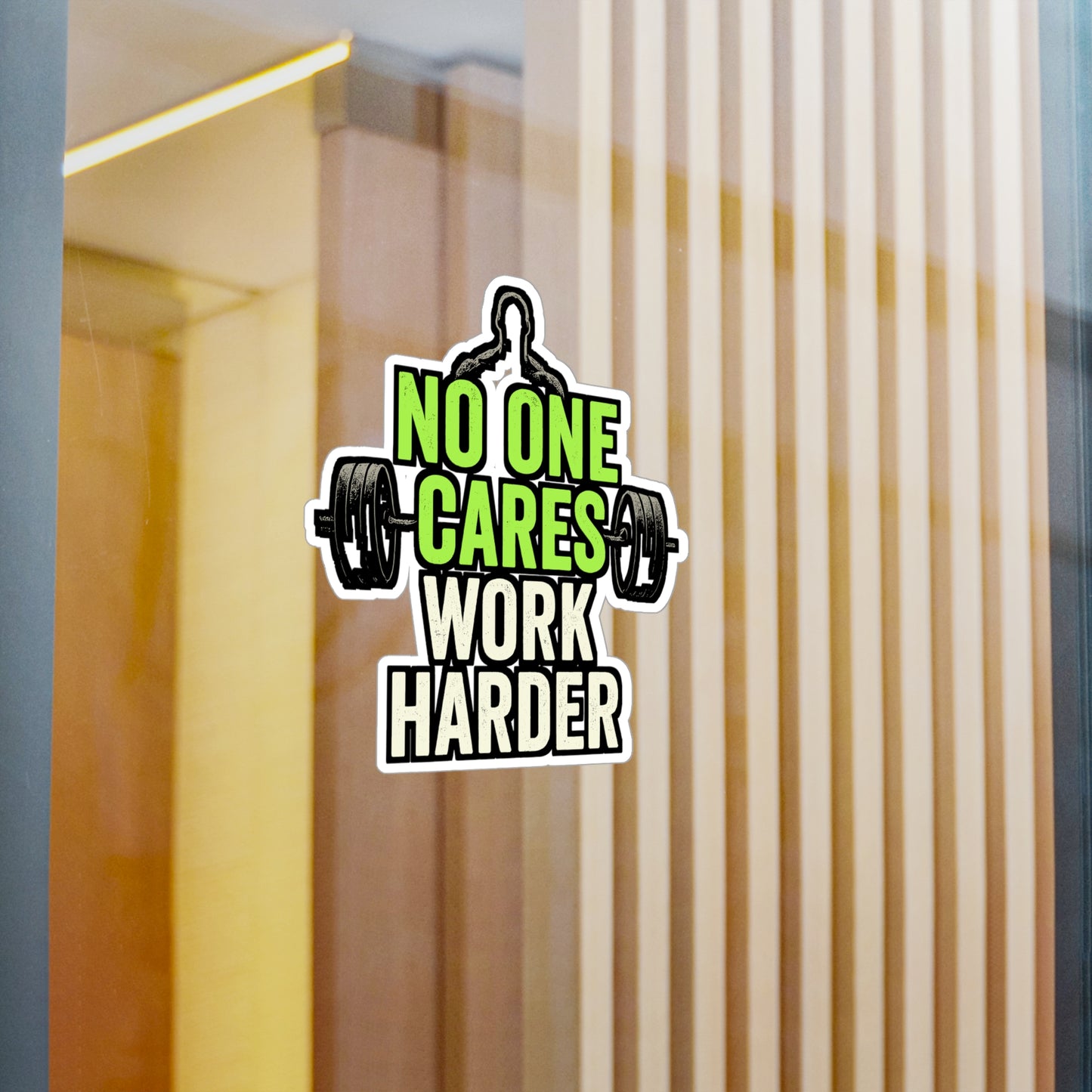 Workout Sticker – "No One Cares Work Harder" Vinyl Decals for Laptop or Water Bottle, Leg-Day, Dumbbells & Weightlifting, Waterproof Fitness Motivation