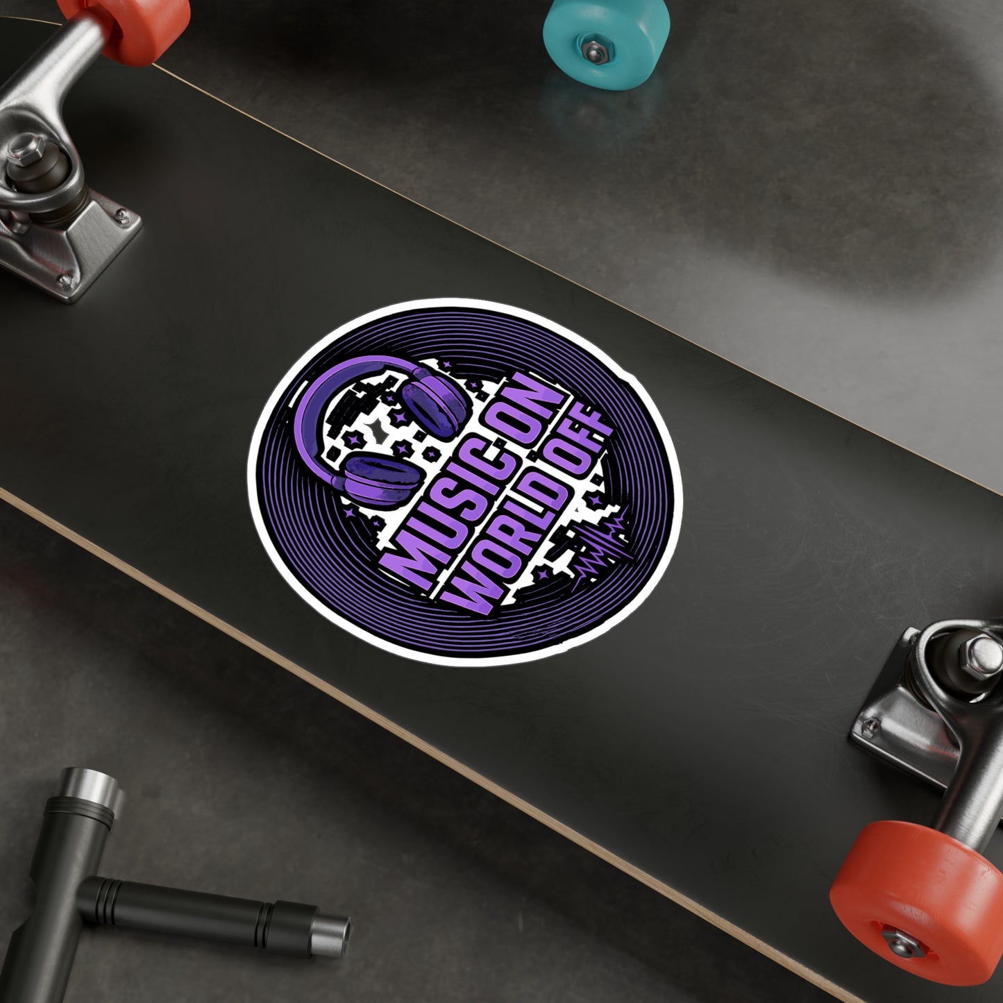 Music Sticker "Music On World Off" Decals – DJ Turntable Design, Waterproof Vinyl for Laptop, Water Bottle, Music Lovers Gift