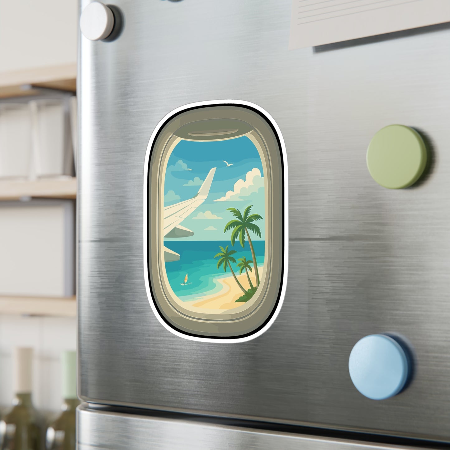 Airplane Sticker – Sunny Beach View From Airplane Window Decals, Tropical Vinyl, Waterproof for Laptop, Water Bottle, Travel Decor