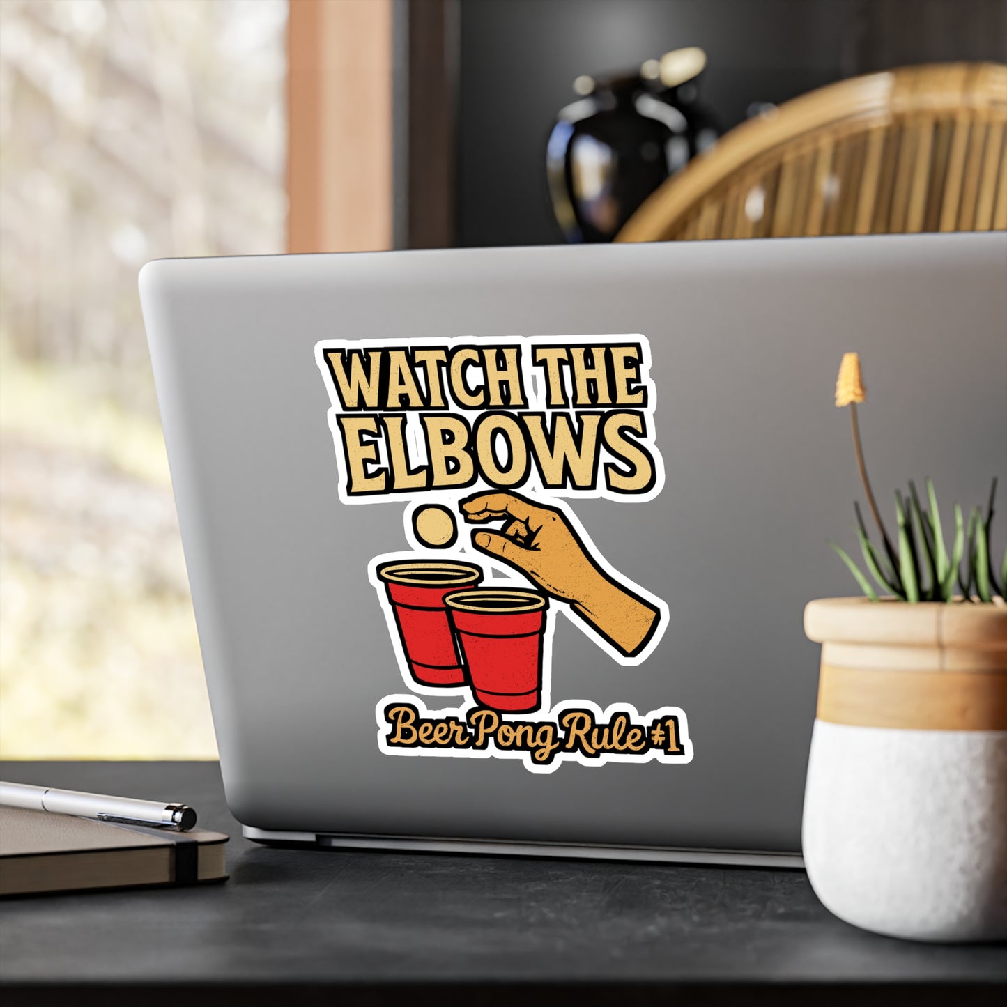 Watch The Elbows – Beer Pong Sticker for Laptop, Car Window, Water Bottle | Vinyl Decal & Funny Party Gift