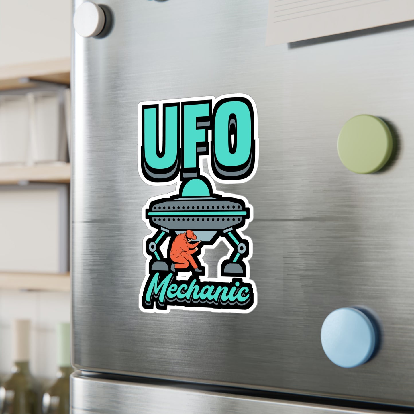 UFO Mechanic - Alien Sticker for Car Window Laptop Sticker. Water Bottle Sticker, Vinyl Space Decal, Area 51 Sticker - Alien Gift