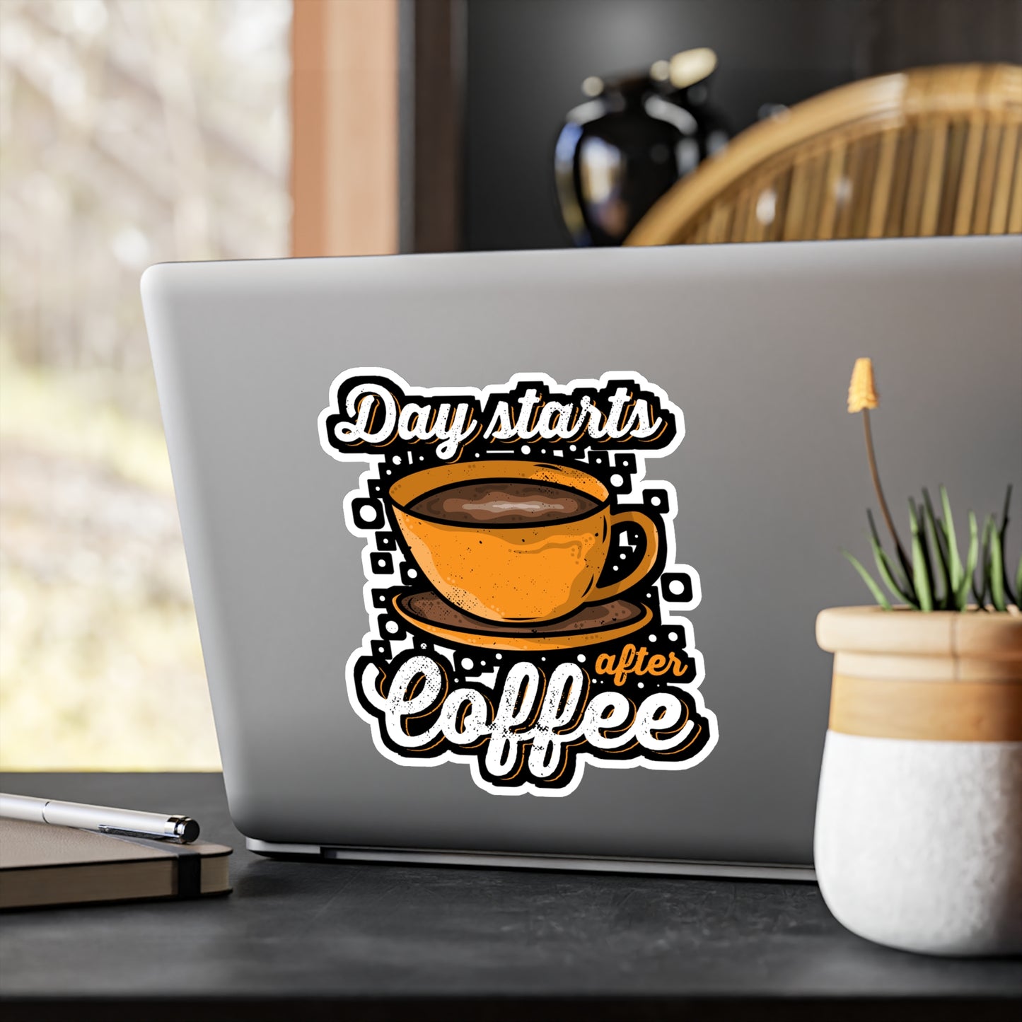 Day starts after Coffee - Coffee Sticker for Laptop Sticker. Water Bottle Sticker, Vinyl Cappuccino Decal - Coffee Gift