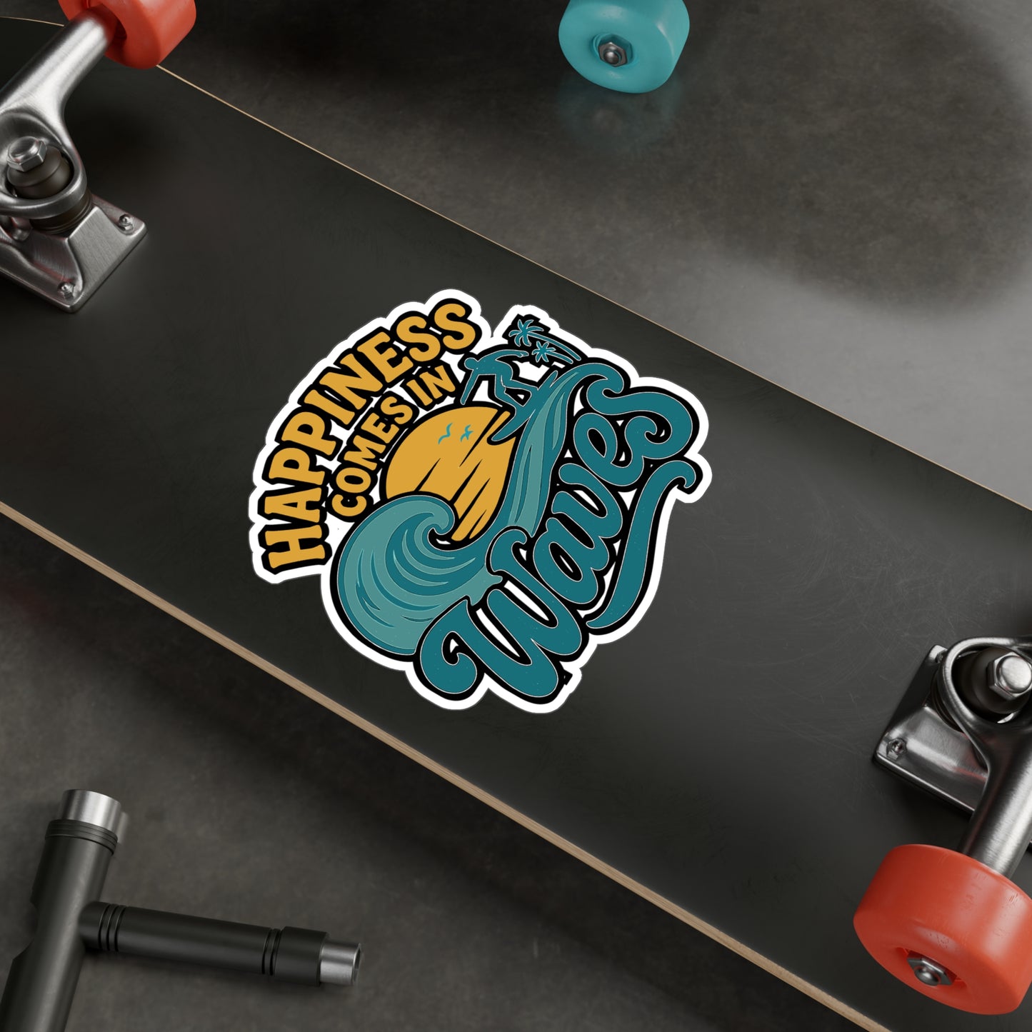 Happiness Comes In Waves - Surfing Sticker for Laptop, Water Bottle - Beach Lovers Gift, Surfer Girls & Boys