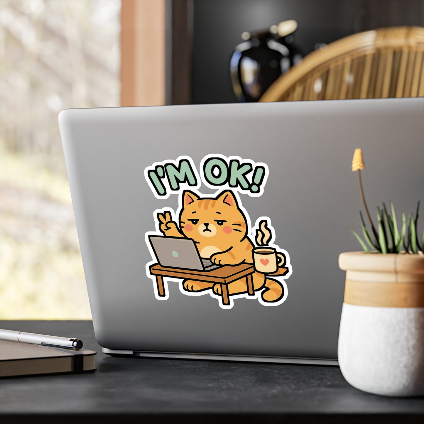 Cat Sticker – "I'm Ok" Cute Burnout Exhaustion Decals for Laptop, Water Bottle – Overwhelmed Cat Vinyl, Waterproof, Funny Gift