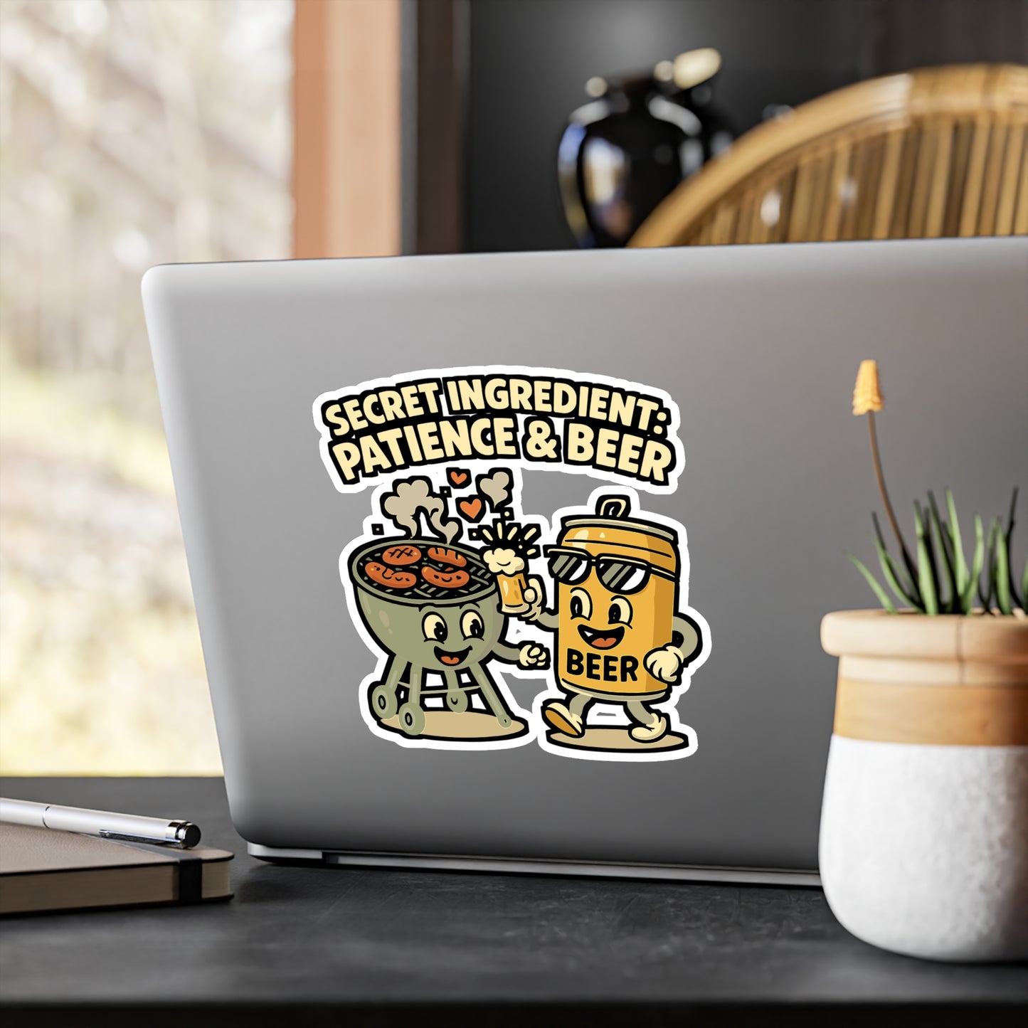 Cartoon Sticker - Secret Ingredient Patience Beer Decals, Smiling Grill Barbecue Design, Waterproof Vinyl for Laptop or Water Bottle