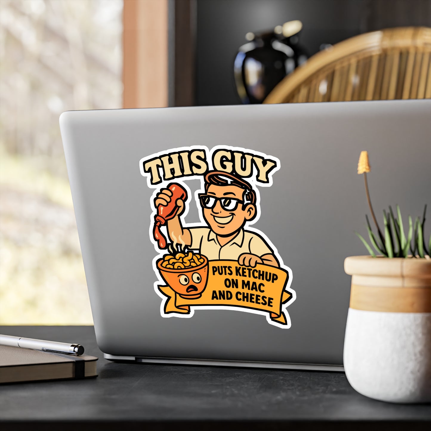 This Guy Puts Ketchup On Mac And Cheese – Funny Macaroni Sticker for Laptop or Water Bottle | Vinyl Food Decal, Gag Gift for Cheese Lovers