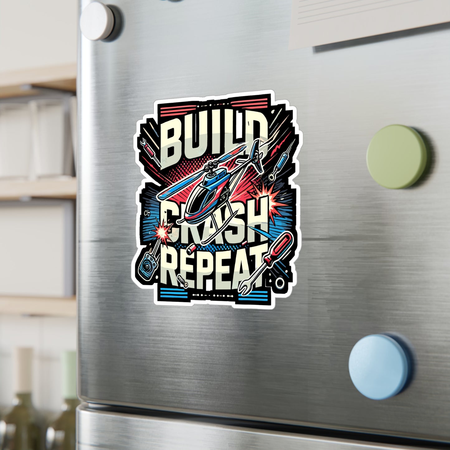 Build Crash Repeat - RC helicopter Sticker for Laptop Sticker. Water Bottle Sticker, Vinyl Model building Decal - RC helicopter Gift