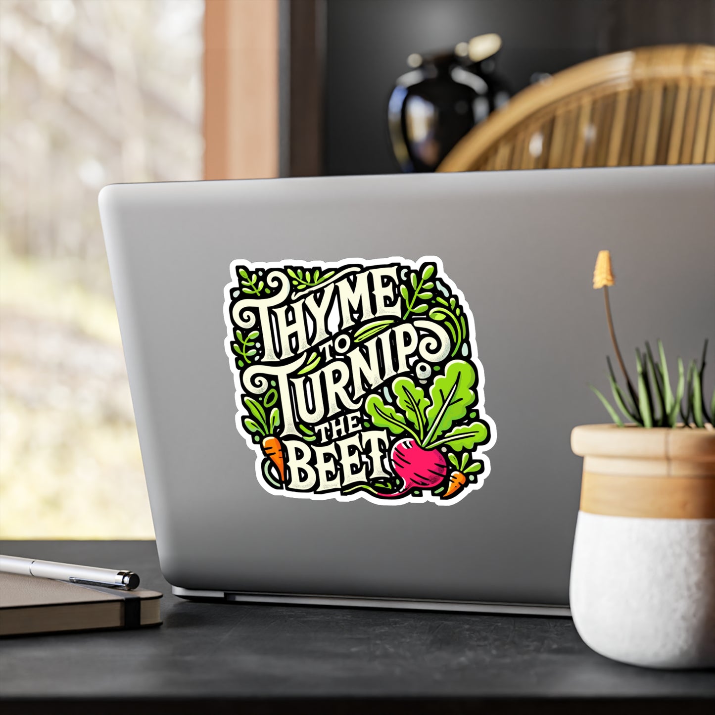 Thyme to Turnip the Beet – Funny Gardening Sticker for Laptop or Water Bottle | Vinyl Plant Lover Decal, Gardener Gift