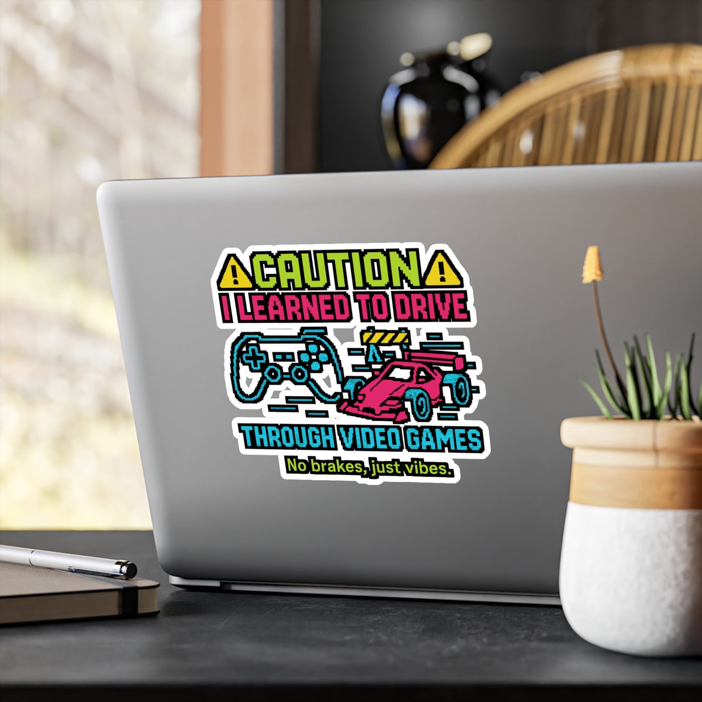 Caution I Learned To Drive Through Video Games - Driver Sticker for Laptop, Water Bottle - Funny Gift for Gamers, Car Lovers