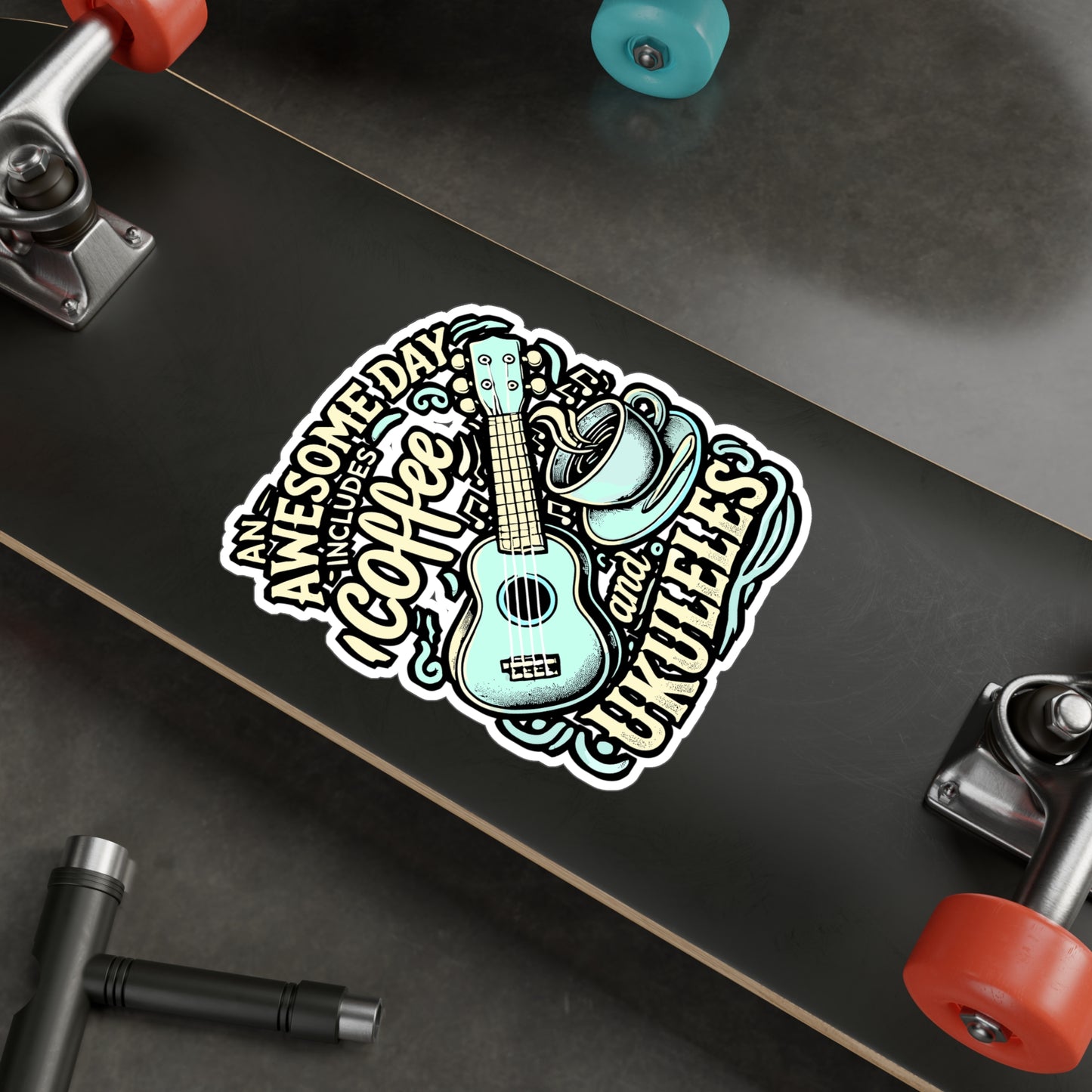 An Awesome Day Includes Coffee And Ukuleles – Vinyl Sticker for Laptop & Water Bottle | Coffee & Ukulele Gift for Musicians
