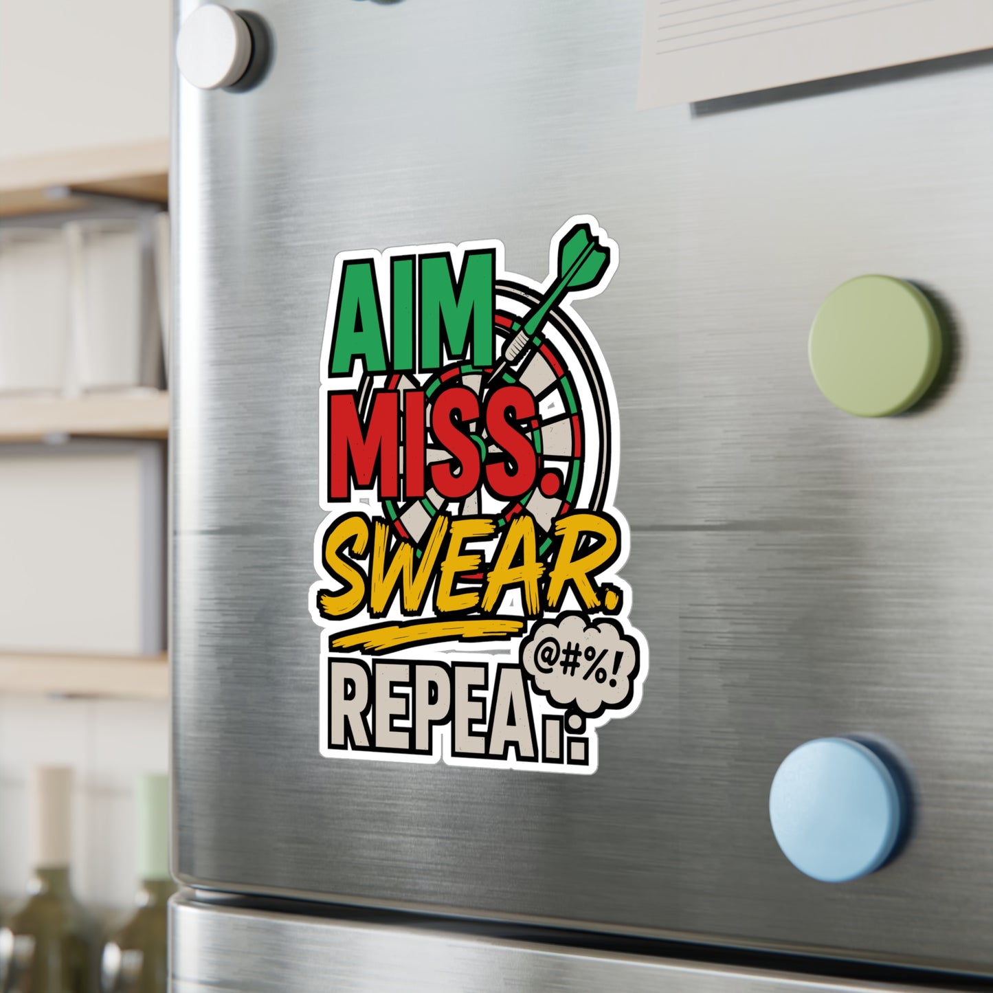 Aim Miss Swear Repeat – Funny Dart Sticker for Car, Laptop or Water Bottle | Vinyl Dartboard Decal, Gag Gift for Players