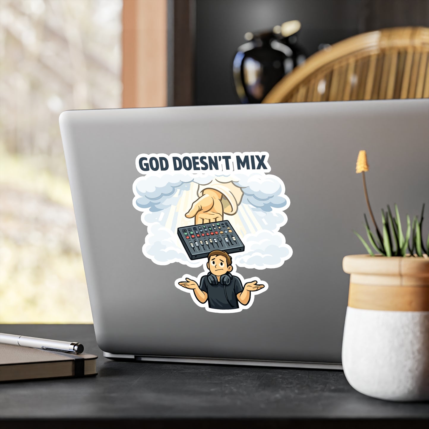 Audio Engineer Sticker God Doesn’t Mix Vinyl Waterproof decals for Laptop Water Bottle, Sound Engineer Audio Technician Monitor Humor