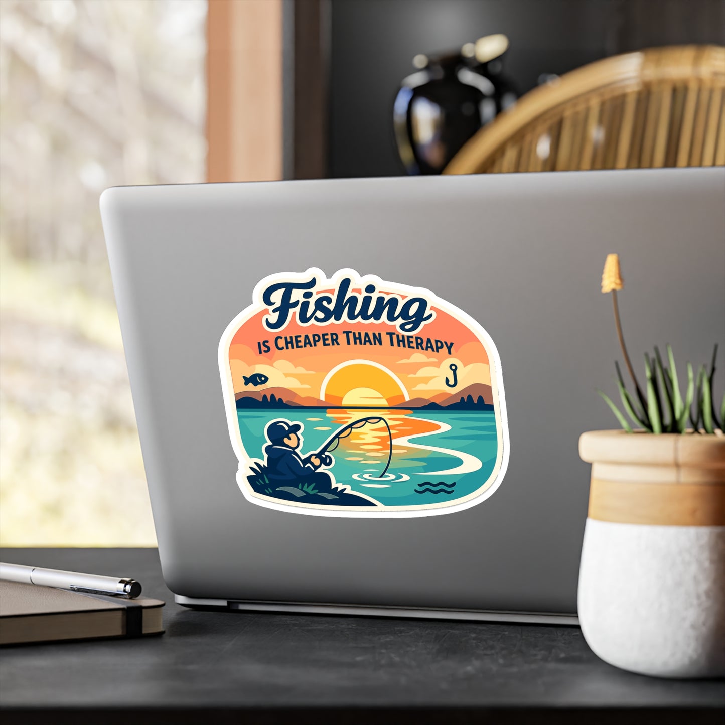Fishing Sticker “Fishing is Cheaper Than Therapy” Funny Angling Decals Waterproof Vinyl for Laptop, Water Bottle, Lake Boating