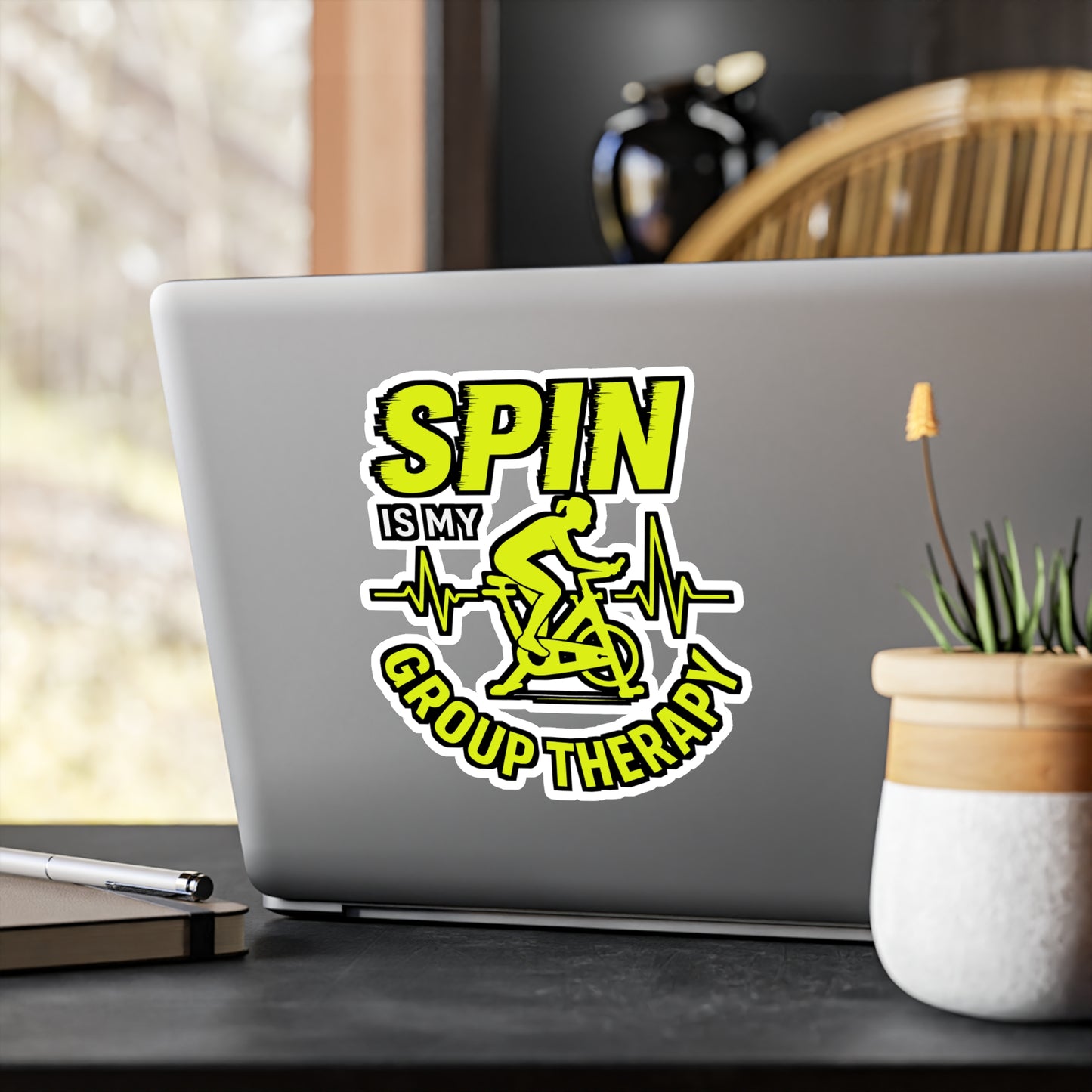 Spin Is My Group Therapy – Vinyl Sticker for Laptop, Water Bottle & Bike | Funny Cycling Gift, Spin Class Decor