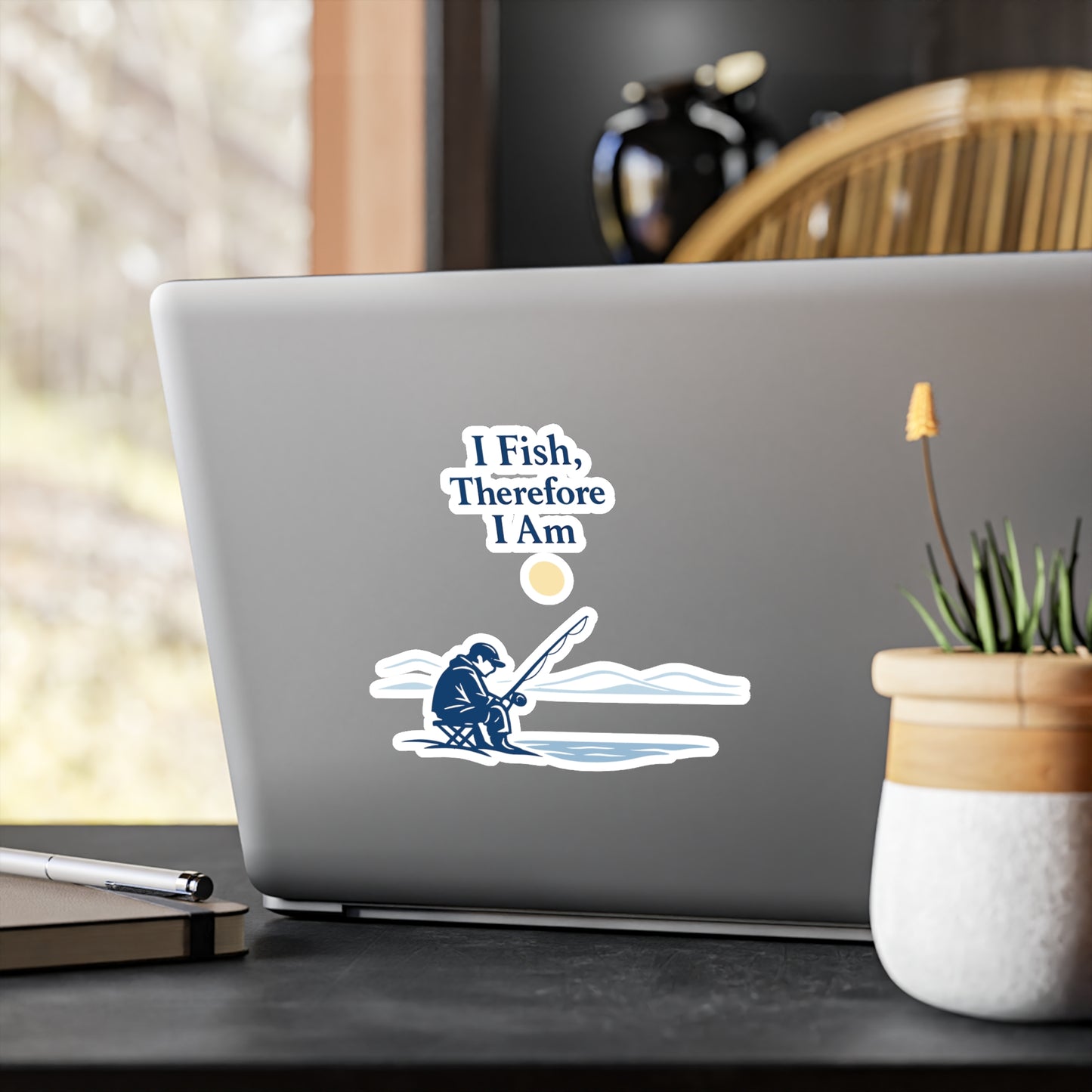 Fishing Sticker "I Fish, Therefore I Am" Waterproof Vinyl Decals for Laptop, Water Bottle, Angling Lake Boating Design